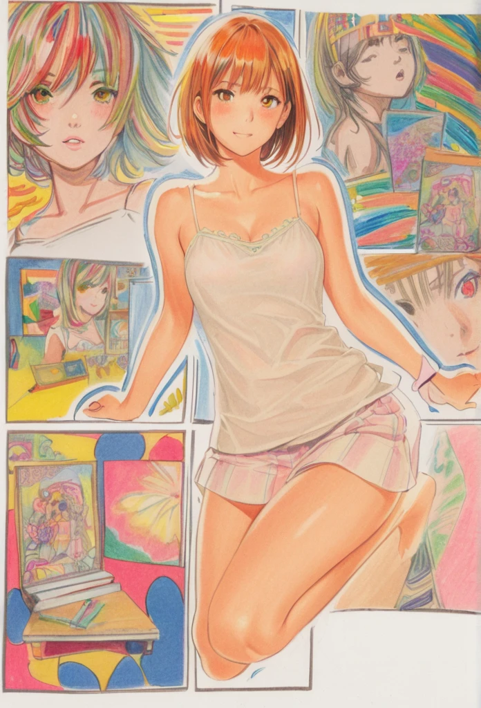 female,short camisole,white,Art,ad,colour pencil drawing,draft drawing ,comic collage,illustration