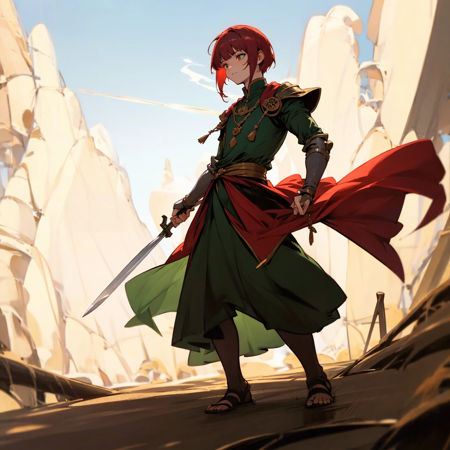 1boy, Full body version, 1character, muscle hand, muscle body, gold eyes, deep skin, bowl cut hairstyle, monolid eyes type, maroon colour hair, Renaissance clothing, lime color clothing, Ancient Roman sandals, two dagger knife silver in two hand, silver armor knight, Grassroots background in green fields, full background, in the afternoon, the silhouette of the afternoon sun, fire, fire, smoke, dagger knife emits light