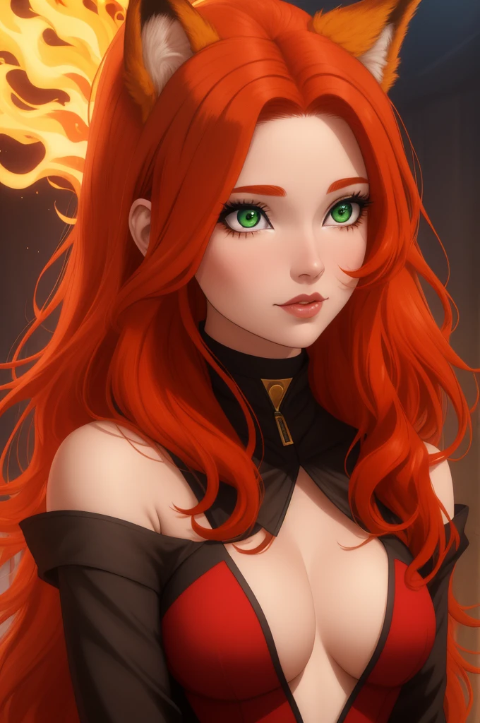 a close up of a woman with red hair and a fox, a beautiful fox lady, foxgirl, orange skin and long fiery hair, green eyes, magali villeneuve', graphic artist magali villeneuve, ginger hair and fur, inspired by Magali Villeneuve, in style of anne stokes, red haired goddess, fantasy fox love, fire hair, by Galen Dara
