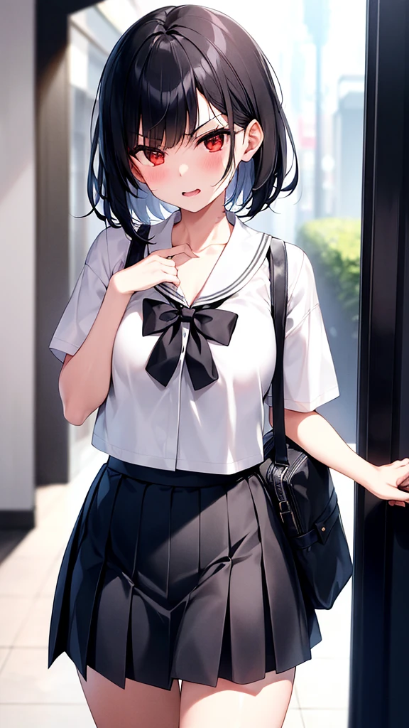 cat pose,(child),(masterpiece,Top quality),black plaid pleated hort sleeve,black hair,medium bob,intersection