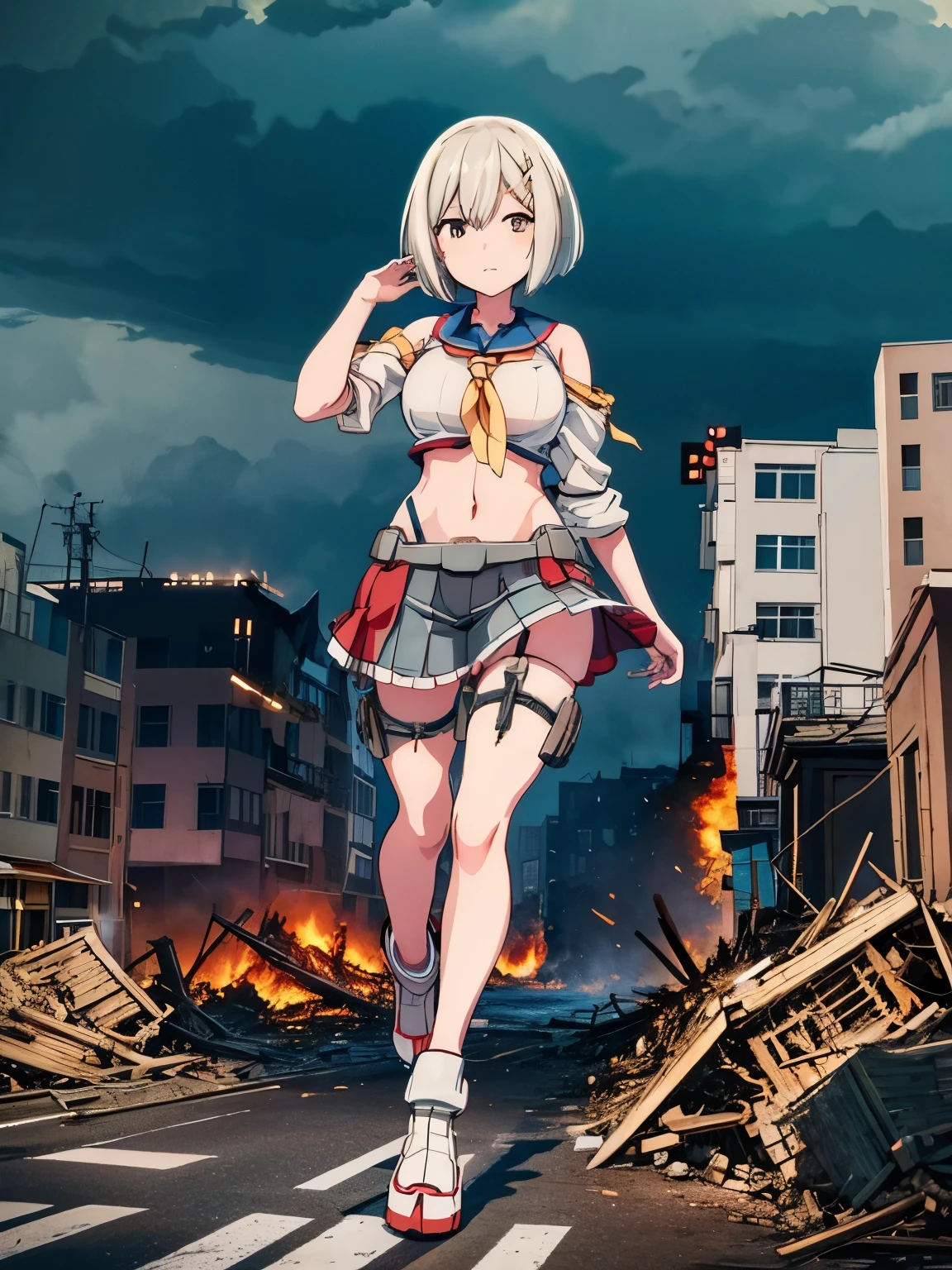 analog illustration style　 ((Destroyed city in flames)) ((Fire)) ((Destroyed buildings)) ((Destroyed cars)) ((Pile of rubble)) ((Hamakaze (KanColle))) ((Short hair)) ((Bob cut))　 90's Giant Girl on the Road in the Big City Uniform Skirt ((Dim cloudy sky)) Female Giant huge girl full body sneakers Destroyed skyscrapers, destroyed cars, crowd Unreal Engine,starrystarscloudcolorful,hamakaze_(kancolle), breasts, large_breasts, hair_over_one_eye