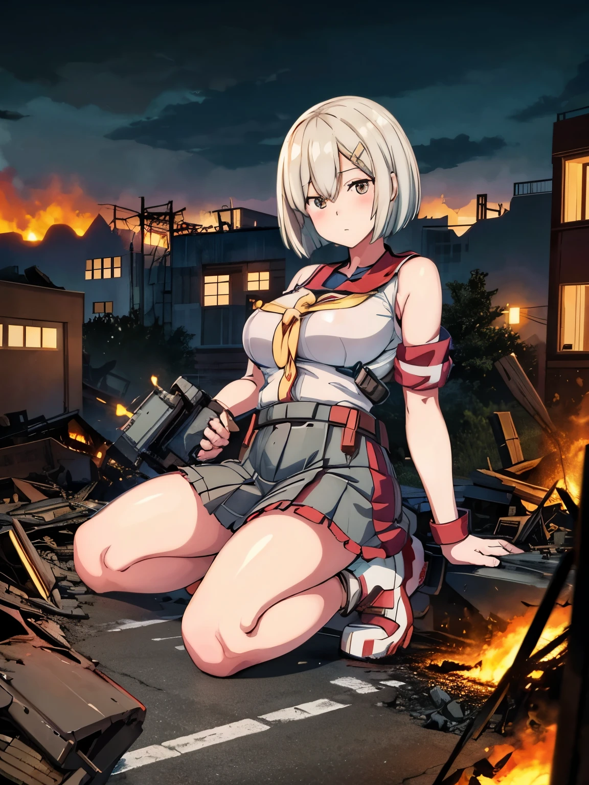 analog illustration style　 ((Destroyed city in flames)) ((Fire)) ((Destroyed buildings)) ((Destroyed cars)) ((Pile of rubble)) ((Hamakaze (KanColle))) ((Short hair)) ((Bob cut))　 90's Giant Girl on the Road in the Big City Uniform Skirt ((Dim cloudy sky)) Female Giant huge girl full body sneakers Destroyed skyscrapers, destroyed cars, crowd Unreal Engine,starrystarscloudcolorful,hamakaze_(kancolle), breasts, large_breasts, hair_over_one_eye