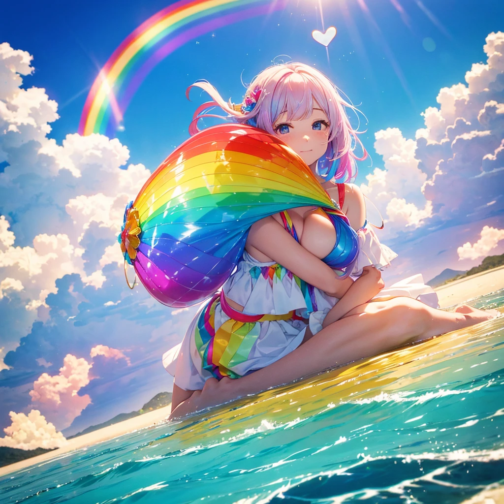 Woman jumping into the rainbow sky