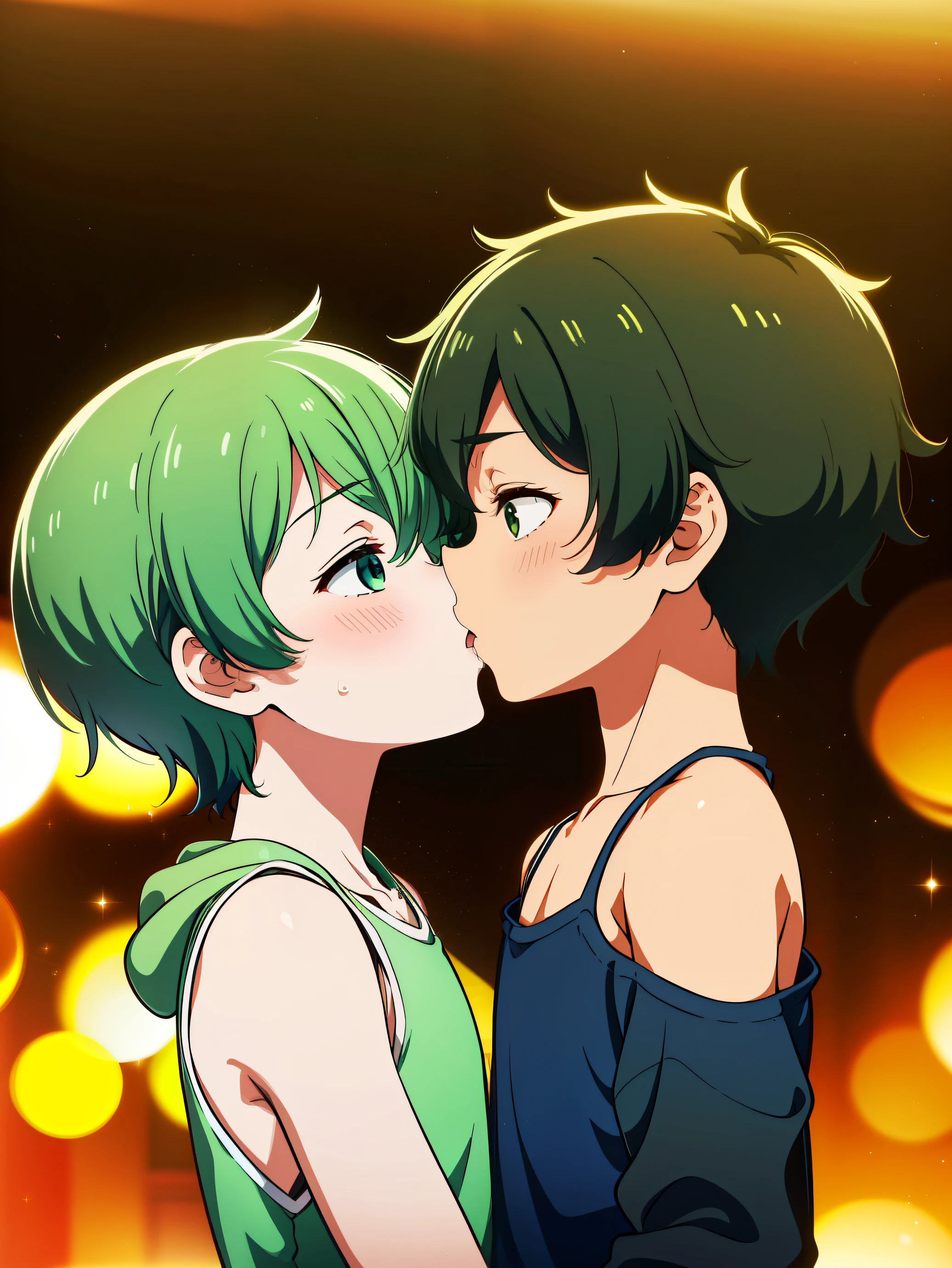 Highres, Masterpiece, Best quality at best,Best Quality,hight quality, hight detailed, Anime style, 1boy, Shota, young boy, Solo person, Green hair, messy hair, Two boy, yaoi, Kissing, (two boys), flat chest, Sleeveless hoodie, Bare shoulder, Seen from the side, upper body, (very young boy), (very small and short body), ***************s, uhd, blurry beckground, hansome boy, Uhd, bokeh