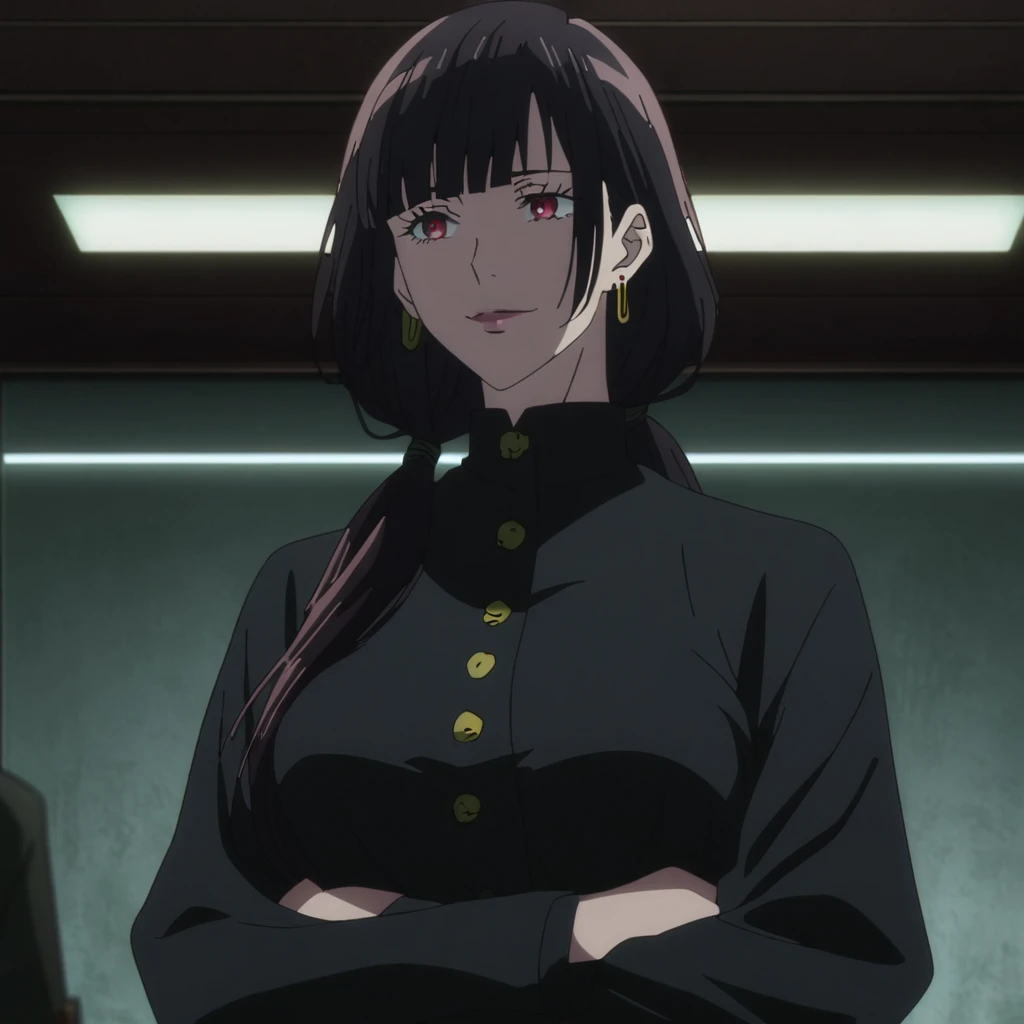 1girl, female gojo satoru, anime screencap from jujutsu kaisen, gojo satoru female version, solo, long_hair, Red eyes ((Black_hair)), night view, (hanging breasts) upper_body, smile, indoors, book, red_eyes, lips, (low ponytail) ((wearing black colour clothes with button)) breast, "very detailed and high resolution" (Red eyes) (cross arms)  ((long hair)) ((solo)) (front view) (earings) ((high resolution)) ((good quality)) ((side bangs))