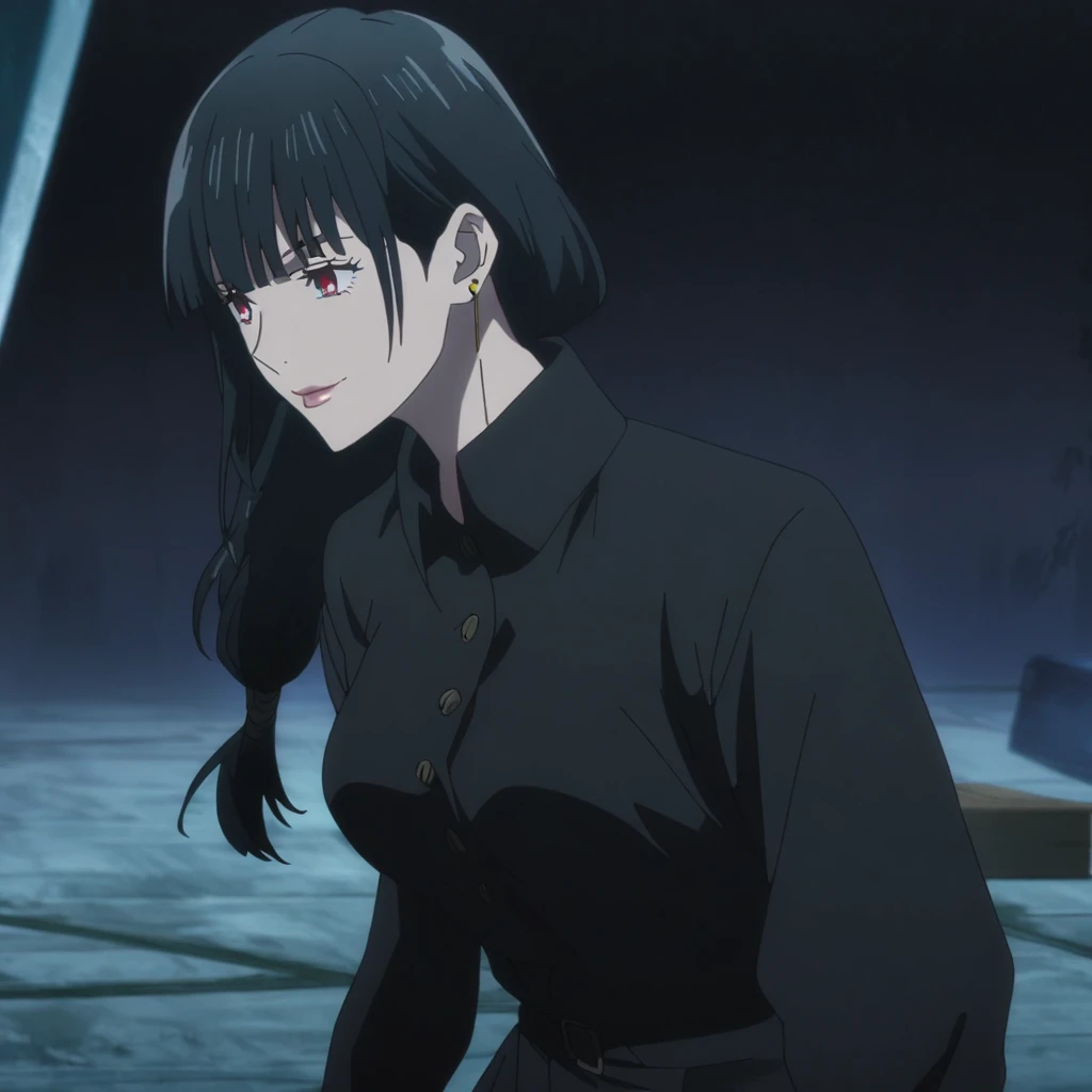 1girl, female gojo satoru, anime screencap from jujutsu kaisen, gojo satoru female version, solo, long_hair, Red eyes ((Black_hair)), night view, (hanging breasts) upper_body, smile, indoors, book, red_eyes, lips, (low ponytail) ((wearing black colour clothes with button)) breast, "very detailed and high resolution" (Red eyes) (cross arms) ((long hair)) ((solo)) (front view) (earings) ((high resolution)) ((good quality)) ((side bangs))