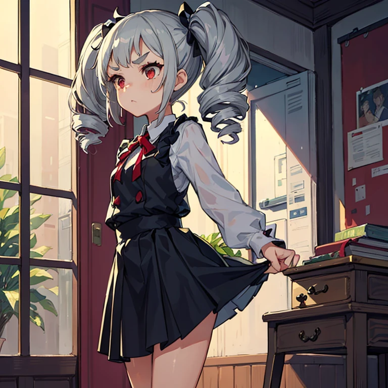(masterpiece), best quality, perfect face, young woman, (((1girl))), ((demihuman sheep)), (gray sheep horns), (((white sheep ears))), ((((short white hair)))), (((very wavy hair))), bright lime-green eyes, medium breasts, wide waist, thick thighs, big ass, (red school skirt), white dress shirt, black school sweater, white semi-transparent tights, black school shoes