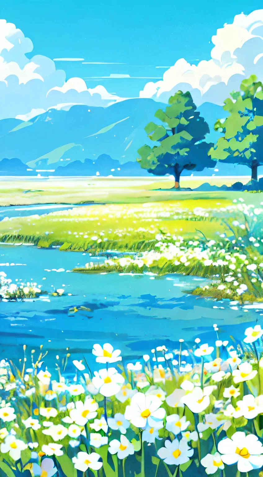 outdoor, flower, landscape, sky, white flower, sky空, ocean, Tree, water, blue sky空, Grass, Solitary, permanent, site, yellow flower, Wide-angle lens