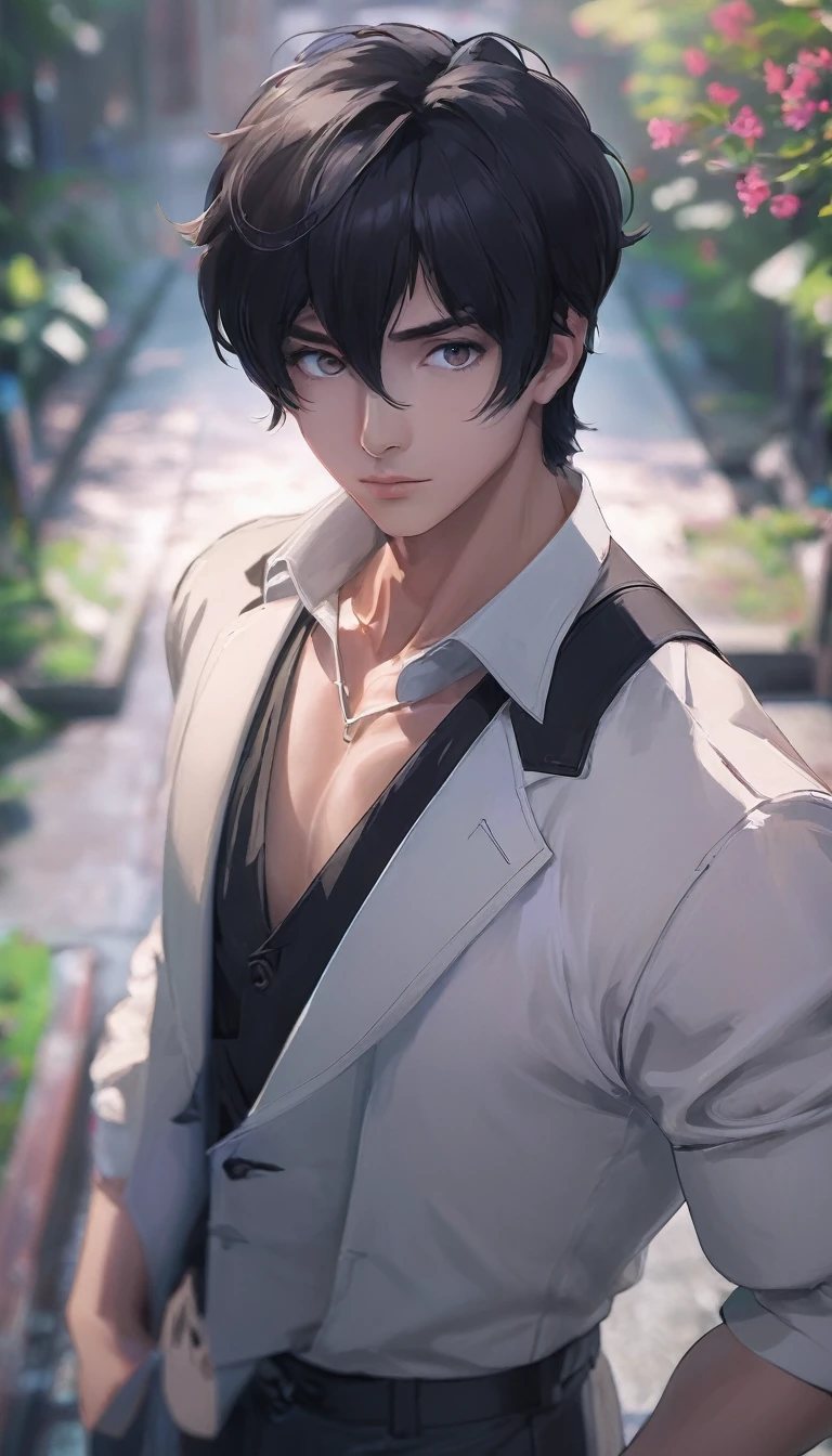 1 boy, black hair, short hair, gray eyes, delicate eyes,alone focus, Simple background, male focus, alone, permanent, Cheng Zhenyu, portrait,, (masterpiece:1.0), (best quality:1.0), (8k wallpaper:1.0), (Beautiful and delicate face:1.0), (detailed deep eyes),  deep eyes,looking at the audience,