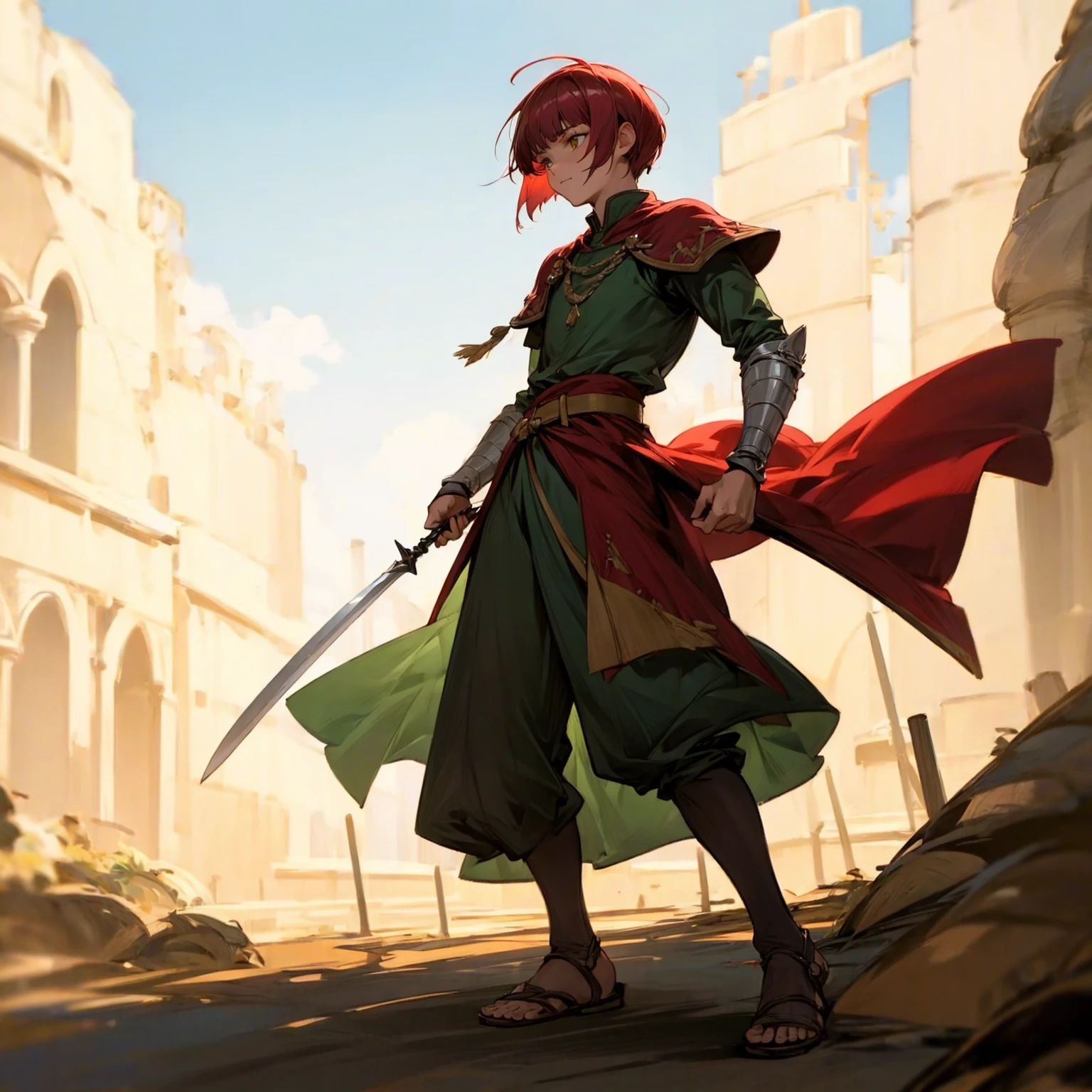 1boy, Full body version, 1character, muscle hand, muscle body, gold eyes, deep skin, bowl cut hairstyle, monolid eyes type, maroon colour hair, Renaissance clothing, lime color clothing, Ancient Roman sandals, two dagger knife silver in two hand, silver armor knight, Grassroots background in green fields, full background, in the afternoon, the silhouette of the afternoon sun, fire, fire, smoke, dagger knife emits light