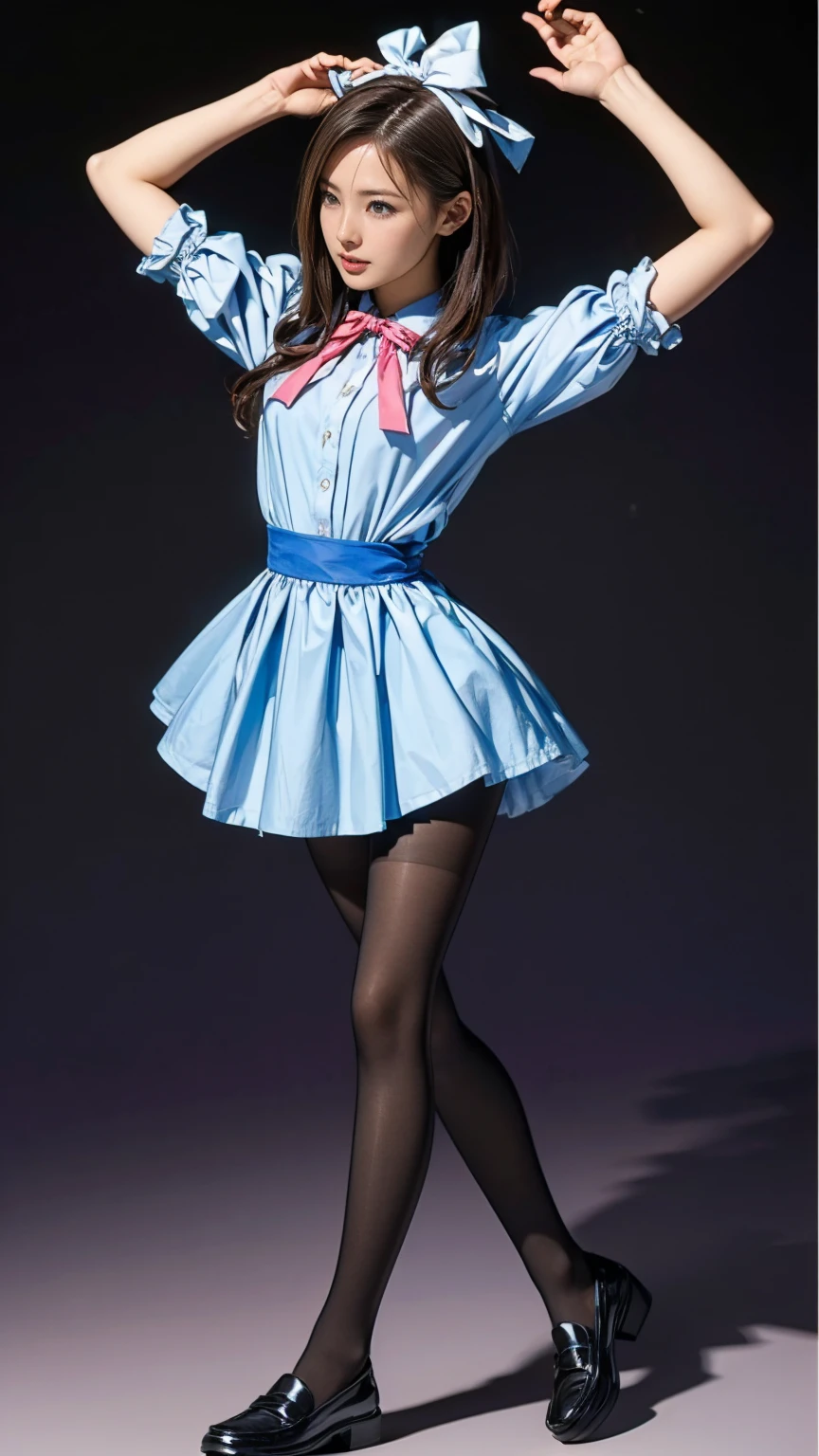 ((masterpiece)),(((Highest quality))),((Character design sheet)),Thin thighs,Long legs,((Alice in Wonderland, wearing a large ribbon on your head,, wear black tights,loafers))、15-year-old girl、(Raise your arms、Please show me your armpits:1.2)、(Droopy eyes:1.2), (Very slim:1.4)、Low angle reveals white panties:1.5