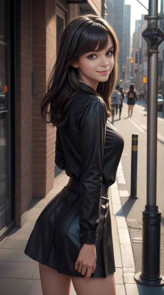 sfw, best quality, ultra high res, ultra-detailed face and eyes, detailed body, detailed clothes, kodak portra 400, (photorealistic:1. 4) , a beautiful lady in the city, detailed background, (street in city:1. 2) , (black shirt:1. 4) , (black skirt:1. 5) , leather skirt, (black hair:1. 4) , looking back, smiling, blush, narrow waist, light brown eyes, professional light, face focus, (light on the face)