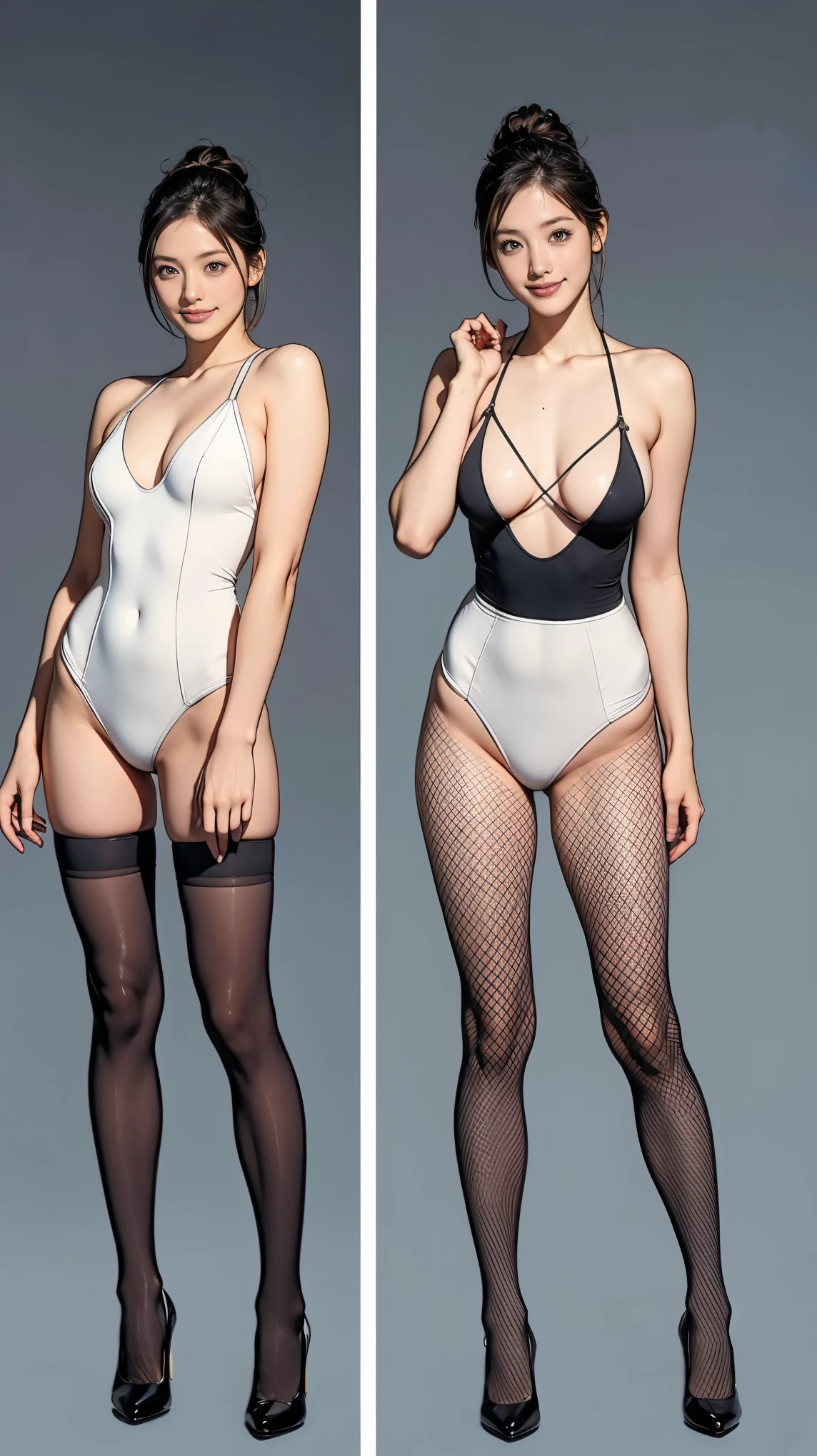 ((masterpiece)),(((Highest quality))),((Character design sheet)),Thin thighs,Long legs,Bunny girl:1.5,wearing black fishnet tights:1.5,The best smile:1.5,Full Body Shot:1.5,Gray background:1.5,Wearing black high heels:1.5,Wearing a black high-cut swimsuit:1.5,