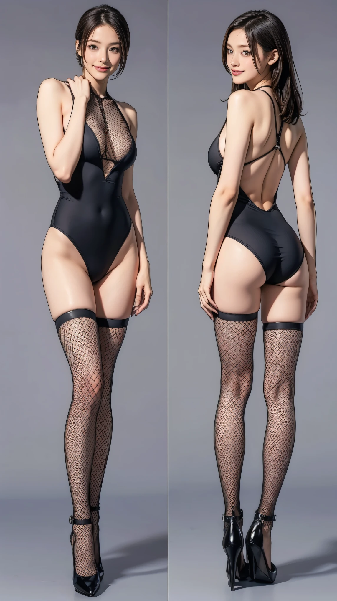 ((Highest quality, Tabletop, Ultra-high resolution、The most complex and detailed depiction))、(Bright lighting:1.1)、(Beautiful woman:1.1)、(Very light wavy hair:1.5)、(Naked in tights，See-through bodysuit，See-through pantyhose)、(High heel sandals:1.8,High pin heel:1.8)、Best smile:1.5，Full Body Shot:1.5，Gray background:1.5，Blonde wavy hair:1.8,Random Blonde:1.8,Curly Hair:1.8,Long Hair:1.5,sleek bangs:1.8,Large Breasts:1.2,gal,Sunburned skin:1.9,Fishnet tights:1.8,Thin fingers:1.5,smile:1.5,The whites of the eyes are clear:1.8,Centered:1.5,Well good、No panties、Transparent nipples、transparent vagina、