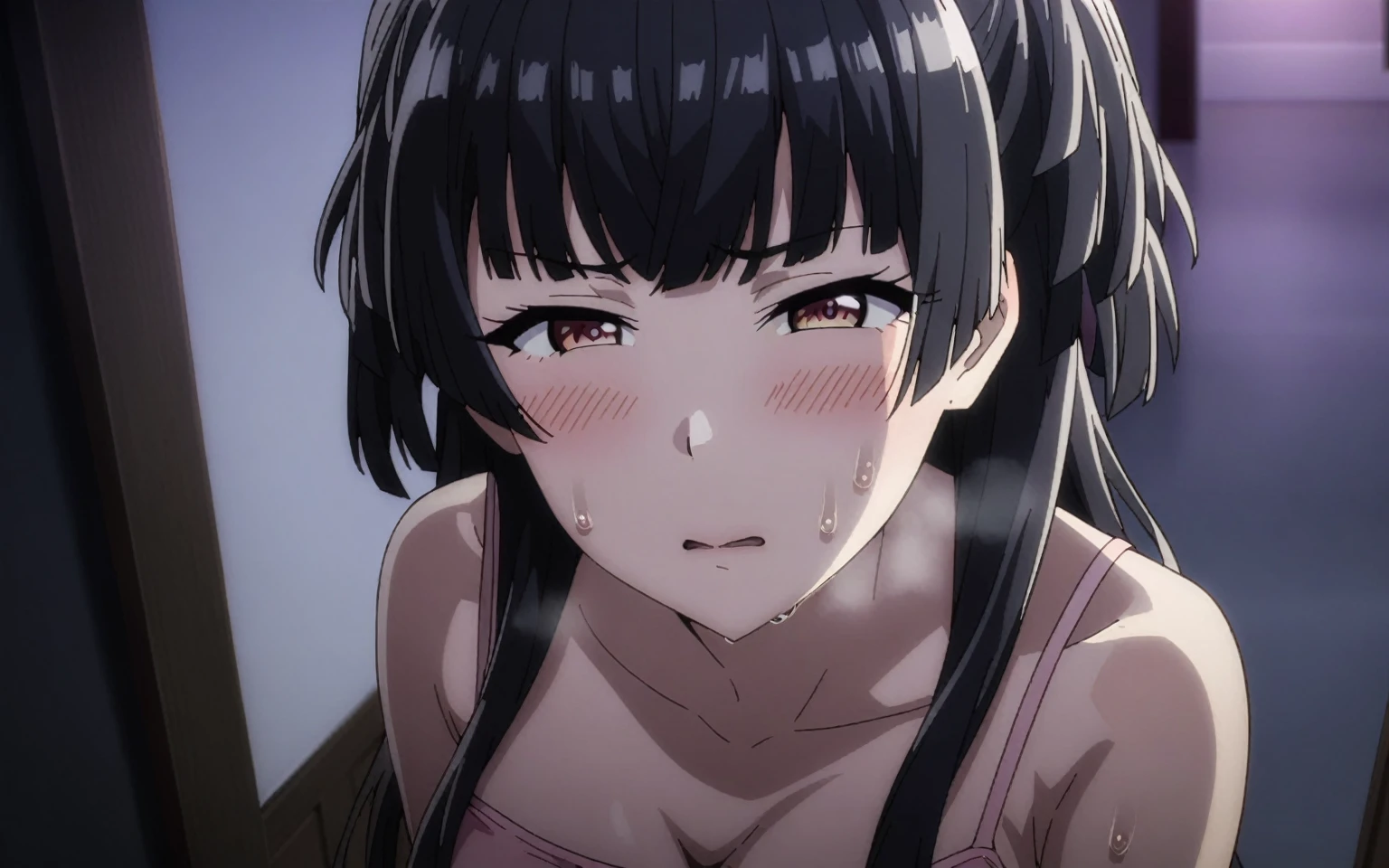 1girl, Mayuzumi Fuyuko, idolmaster, masterpiece, best quality, very aesthetic, absurdres, (faint light), (deep shadows), anime coloring, nsfw, blush, cinematic lighting, realistic shadows, fine_ascxl, anime screencap, heavy breathing, steaming_body, (medium_breasts:0.9), night, nighttime, pitch black room, Finely detailed background, (nervous:1.0), looking_at_viewer, (camisole、ピンクのcamisole)、half_closed_eyes, looking_at_viewer, corridor、room、door