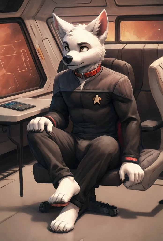 (((Barefoot furry character, full body, cinematic setting, furry male, plantigrade))) 

(((Bolt))) (anthro dog with white fur, very cute and young looking face, big black snout), exudes confidence and authority as he sits in the captain's chair, and his Star Trek DS9 uniform with the Starfleet Delta badge on his chest is a perfect match for his muscular figure. Handsome clawed feet paws dominate the bridge of the star ship and its crew. (((black and grey ds9st uniform with red collar))). Bridge of Star Trek starship with many screens and consoles as background, futuristic look, metalic. anatomically correct, Long black pants, black shirt with gray shoulders, red collar.

BREAK, intricate details, highly detailed, extreme detail, octane render, fine art, best quality, highres, (detailed face:1.5), ((full_body)), UHD, (((perfect hands))), low light