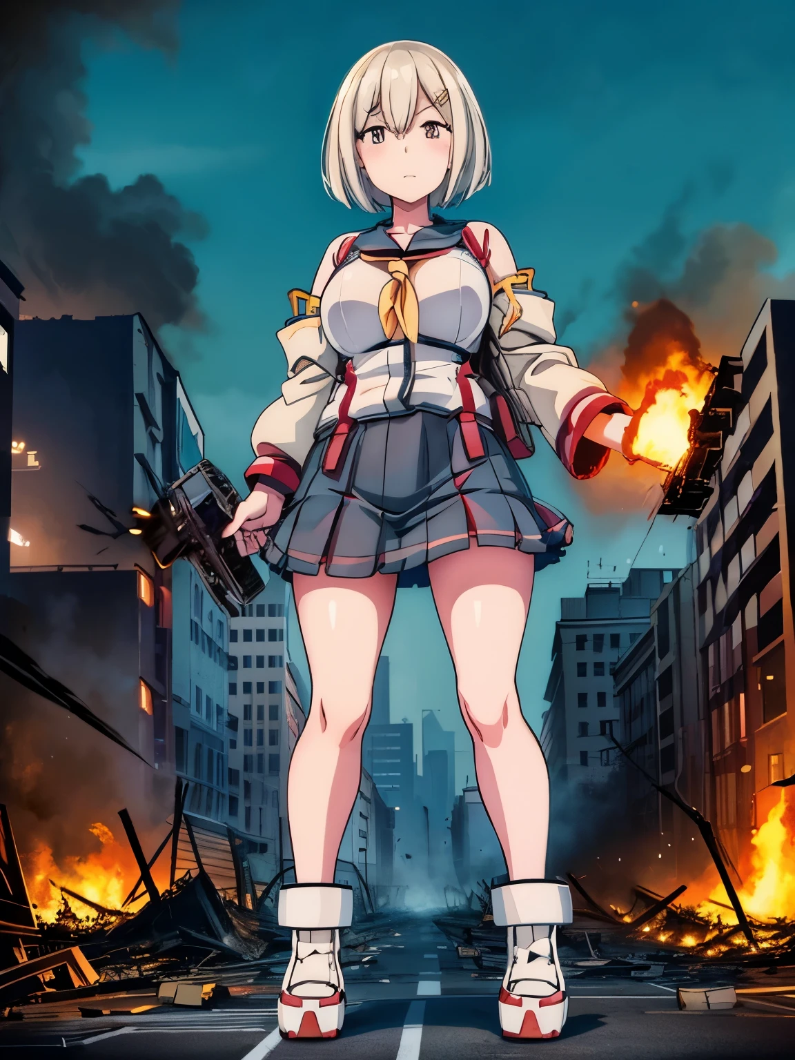 analog illustration style　 ((Destroyed city in flames)) ((Fire)) ((Destroyed buildings)) ((Destroyed cars)) ((Pile of rubble)) ((Hamakaze (KanColle))) ((Short hair)) ((Bob cut))　 90's Giant Girl on the Road in the Big City Uniform Skirt ((Dim cloudy sky)) Female Giant huge girl full body sneakers Destroyed skyscrapers, destroyed cars, crowd Unreal Engine,starrystarscloudcolorful,hamakaze_(kancolle), breasts, large_breasts, hair_over_one_eye