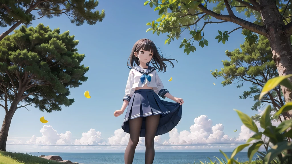 (masterpiece), town, blue sky, One Girl, Place the person on the right, smile, alone, Sailor suit、Long skirt, Overgrown, petal, plant、Skirt lining、White slip、nostalgic、Translucent grey pantyhose、I can see the ocean in the distance, Crotch close-up