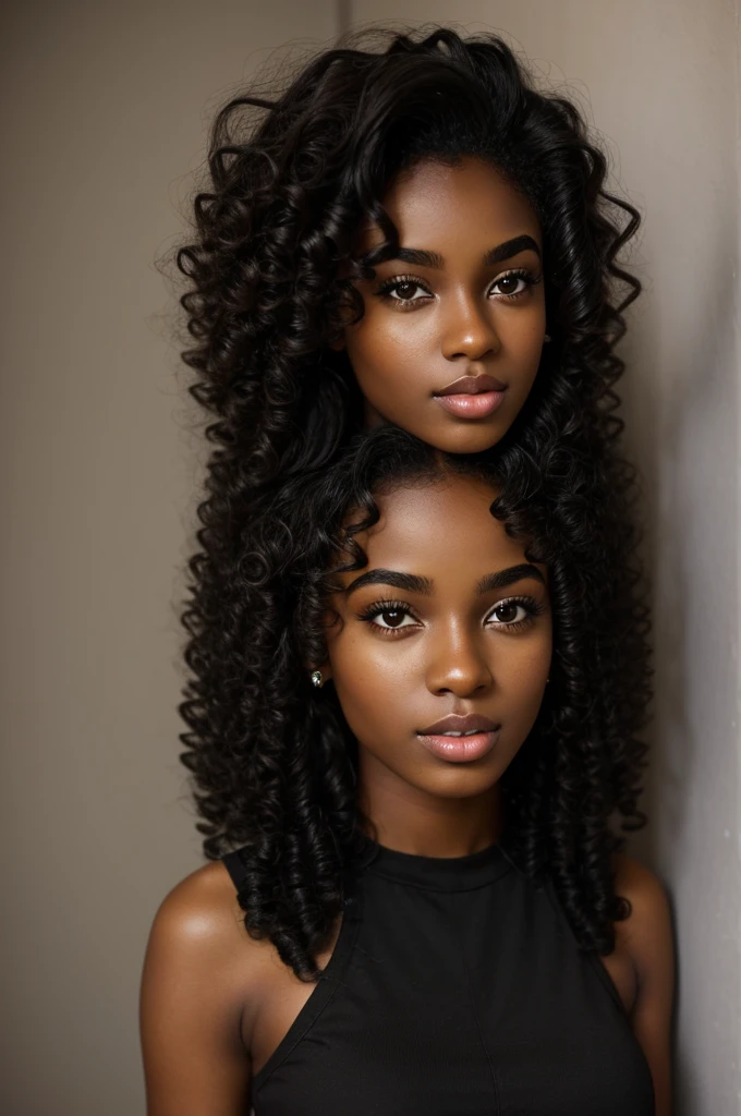 Generate the image of a woman with dark skin, with curly, voluminous brown hair and captivating, hungover light eyes. She must be dressed in period costume