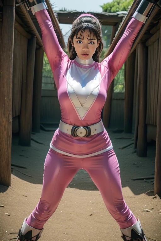 pink theme，pink ranger suit、curvy, big breats,  full body, tied on Saint Andrew's cross in X position