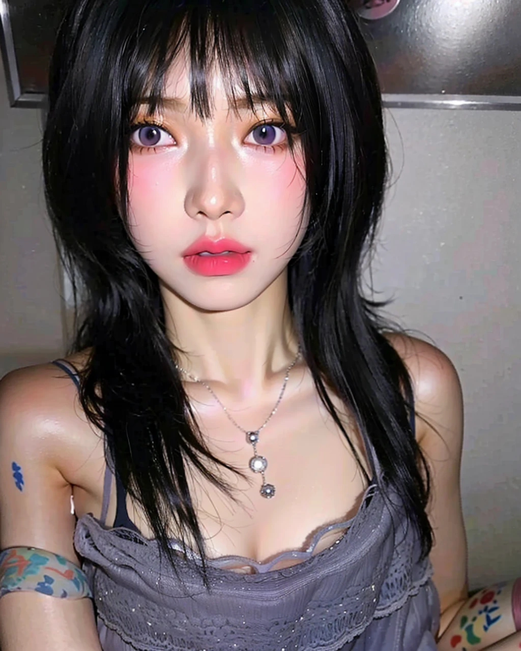 (Browsing Caution:1,4),Mix 4, (8K, RAWphotograph, Highest quality, Tabletop: 1.45), (Realistic, Realistic: 1.37),illumination, night, プロのillumination, photographn mapping, Radio City, Physically Based Rendering, Gradient Brunette, 高品質のphotograph, High resolution, 1080P, (Detailed facial depiction), (Detailed description of the hand), (Delicate CG), Extreme light and shadow, Rich details, (Detailed facial features), (Highest quality), Look in front of you, Highly detailed face, Highly detailed lips,  超High resolution, (Faithfulness: 1.4), photograph, 1 girl, [(sad)],  , Thin limbs, movie, Cool pose, I Cup, Highest qualityな完璧なボディ, photographのような, (1 girl: 1.3), Perfect balance, (Huge, Perfect breasts, Areola),(Realistic, Photorealistic:1.37),One Girl, Cowboy Shot,Professional Lighting, Photon Mapping, Radio City, RAWphotograph、(Photorealistic:1.4)、Octane Rendering、Complex 3D rendering with ultra-detail, Studio Soft Light, Rim Light, Vivid details, Super Detail, Realistic skin texture, Detailed aspect, Beautiful details in the eyes, Highly detailed CG Unity 16k wallpaper, compensate, (Detailed Background:1.2),Highest quality, 超A high resolution, Tabletop, One Girl, One girl,alone, Upper Body,View Viewer, ((Black Background:1.2)), Multicolored Hair, compensate , Lips parted, Black Lips, eyeliner, Gothic, Goth Girl,((Light on face:1.2)),((movie照明:1.2)),(Photorealism:1.4),((30 piercings in left ear)),((necklace)),((A woman who always smiles)),((nightのプールサイド:1.6)),((Lighting on face:1.1)),((Upper Body:1.2)),((Delicately depicting the face:1.2)),(Very short bob hair:1.5),((Multicolored Hairの色:1.4)),((black colored contact lenses:1.2)),((((Completely naked)))),(((nsfw))),((Big Breasts:1.2)),(((全身Completely naked)))