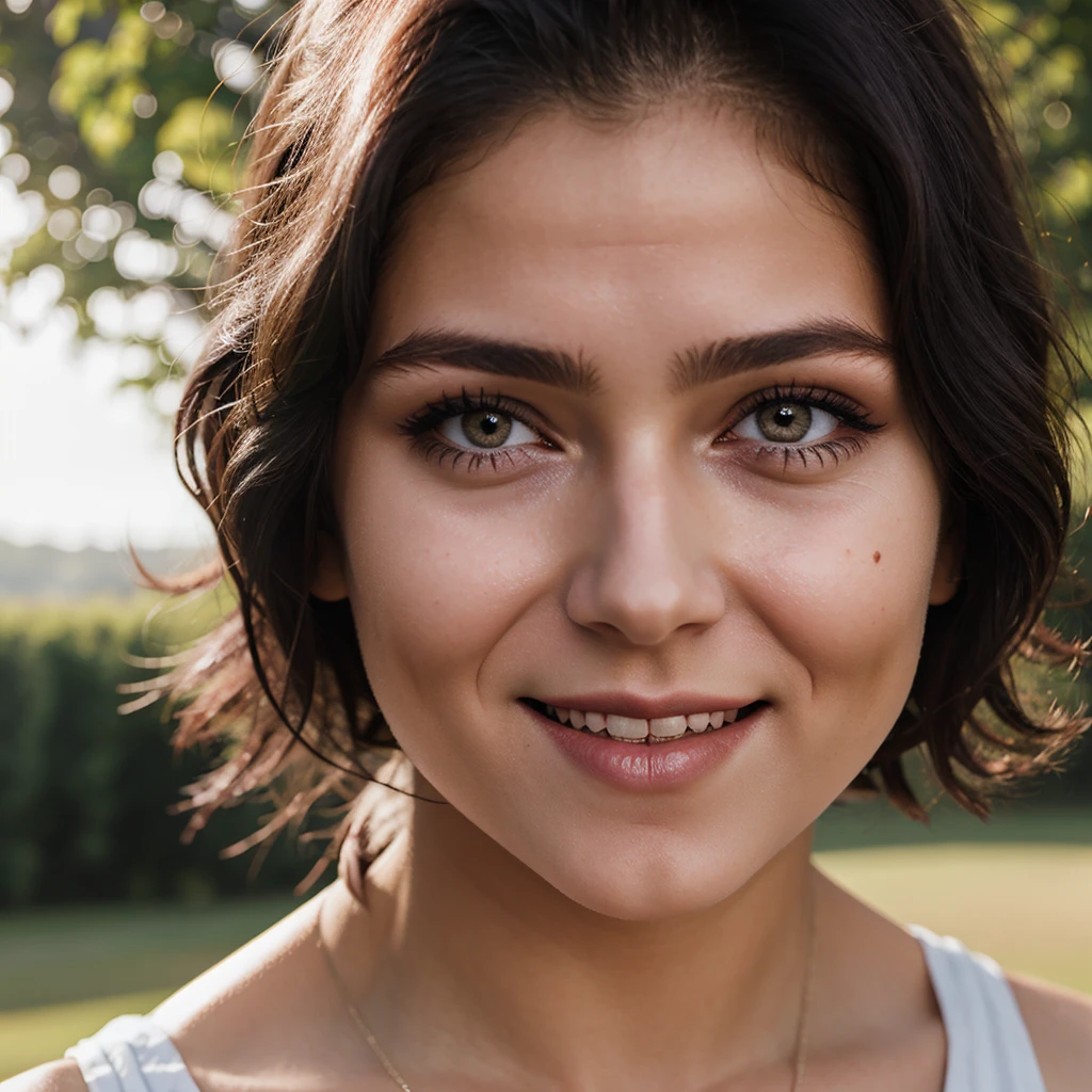 1girl, outdoors, at countryside, hair intakes, mole under eye, glowing eyes, parted lips, seductive smile, Hyperrealism, god rays, bust chart, close-up, Hasselblad, 135mm, bokeh, highres, best quality, super detail, masterpiece