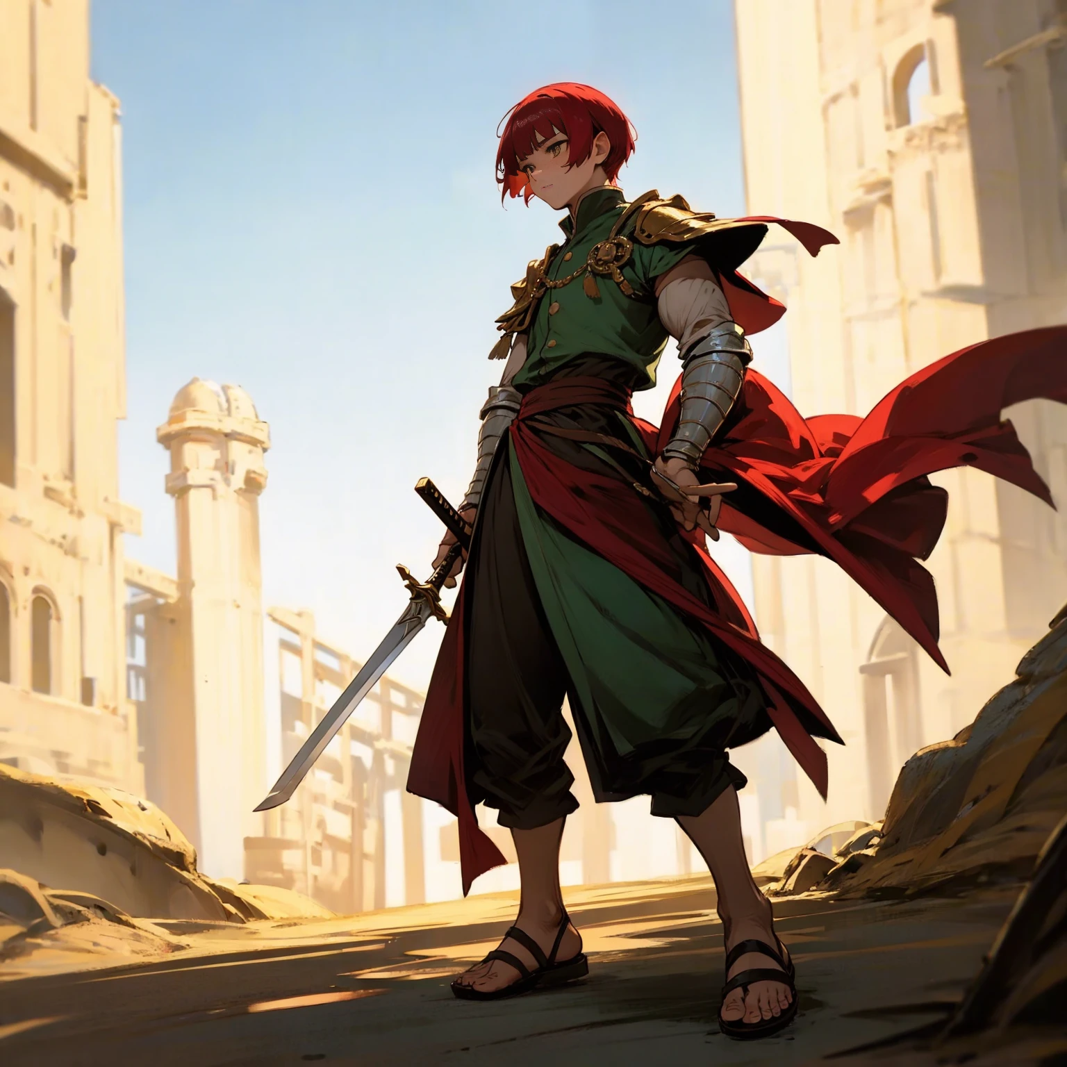 1boy, Full body version, 1character, muscle hand, muscle body, gold eyes, deep skin, bowl cut hairstyle, monolid eyes type, maroon colour hair, Renaissance clothing, lime color clothing, Ancient Roman sandals, two dagger knife silver in two hand, silver armor knight, Grassroots background in green fields, full background, in the afternoon, the silhouette of the afternoon sun, fire, fire, smoke, dagger knife emits light