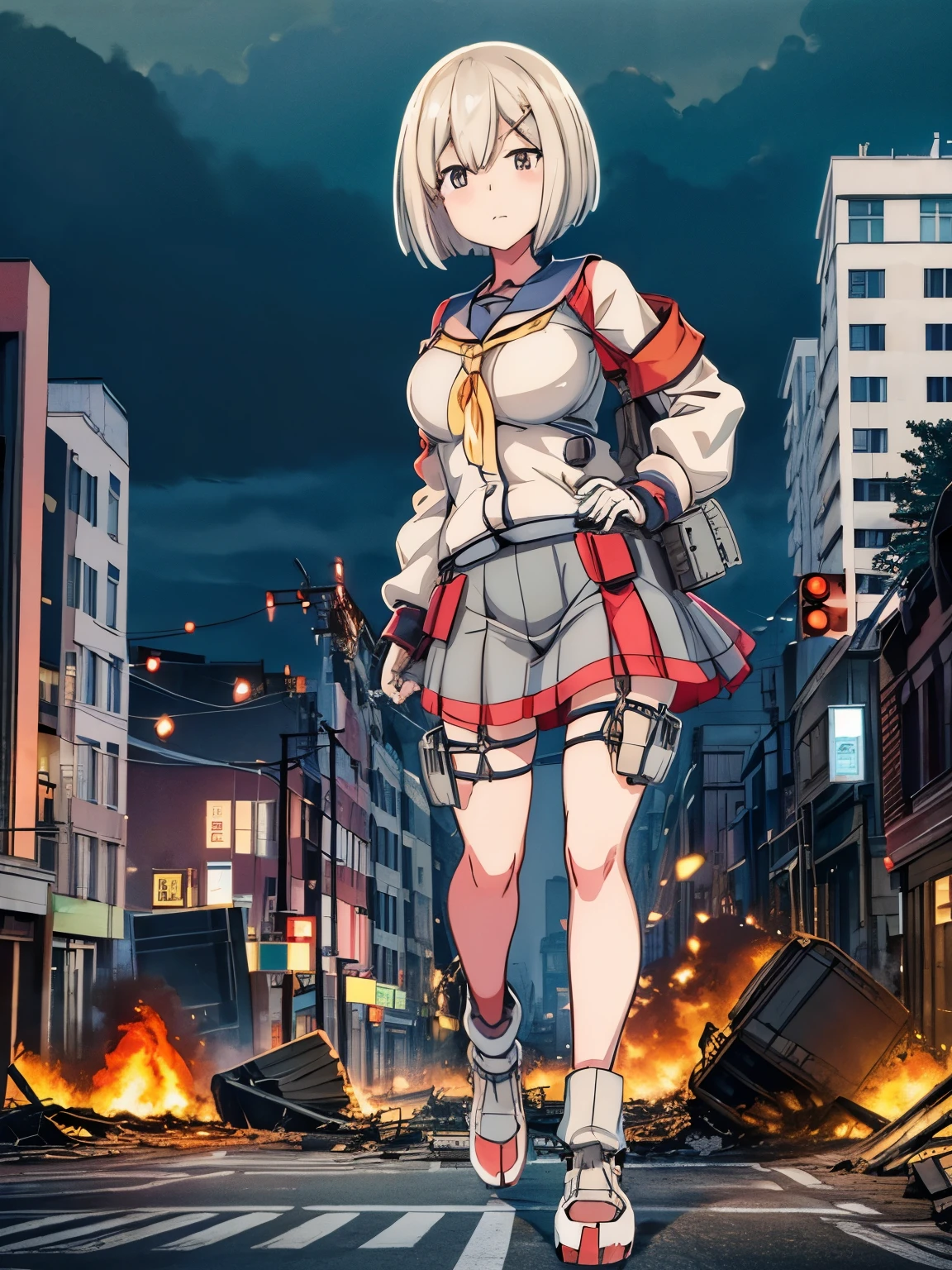 analog illustration style　 ((Destroyed city in flames)) ((Fire)) ((Destroyed buildings)) ((Destroyed cars)) ((Pile of rubble)) ((Hamakaze (KanColle))) ((Short hair)) ((Bob cut))　 90's Giant Girl on the Road in the Big City Uniform Skirt ((Dim cloudy sky)) Female Giant huge girl full body sneakers Destroyed skyscrapers, destroyed cars, crowd Unreal Engine,starrystarscloudcolorful,hamakaze_(kancolle), breasts, large_breasts, hair_over_one_eye