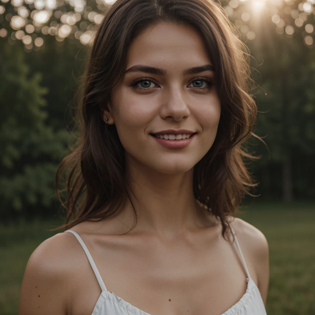 1girl, outdoors, at countryside, hair intakes, mole under eye, glowing eyes, parted lips, seductive smile, Hyperrealism, god rays, bust chart, close-up, Hasselblad, 135mm, bokeh, highres, best quality, super detail, masterpiece