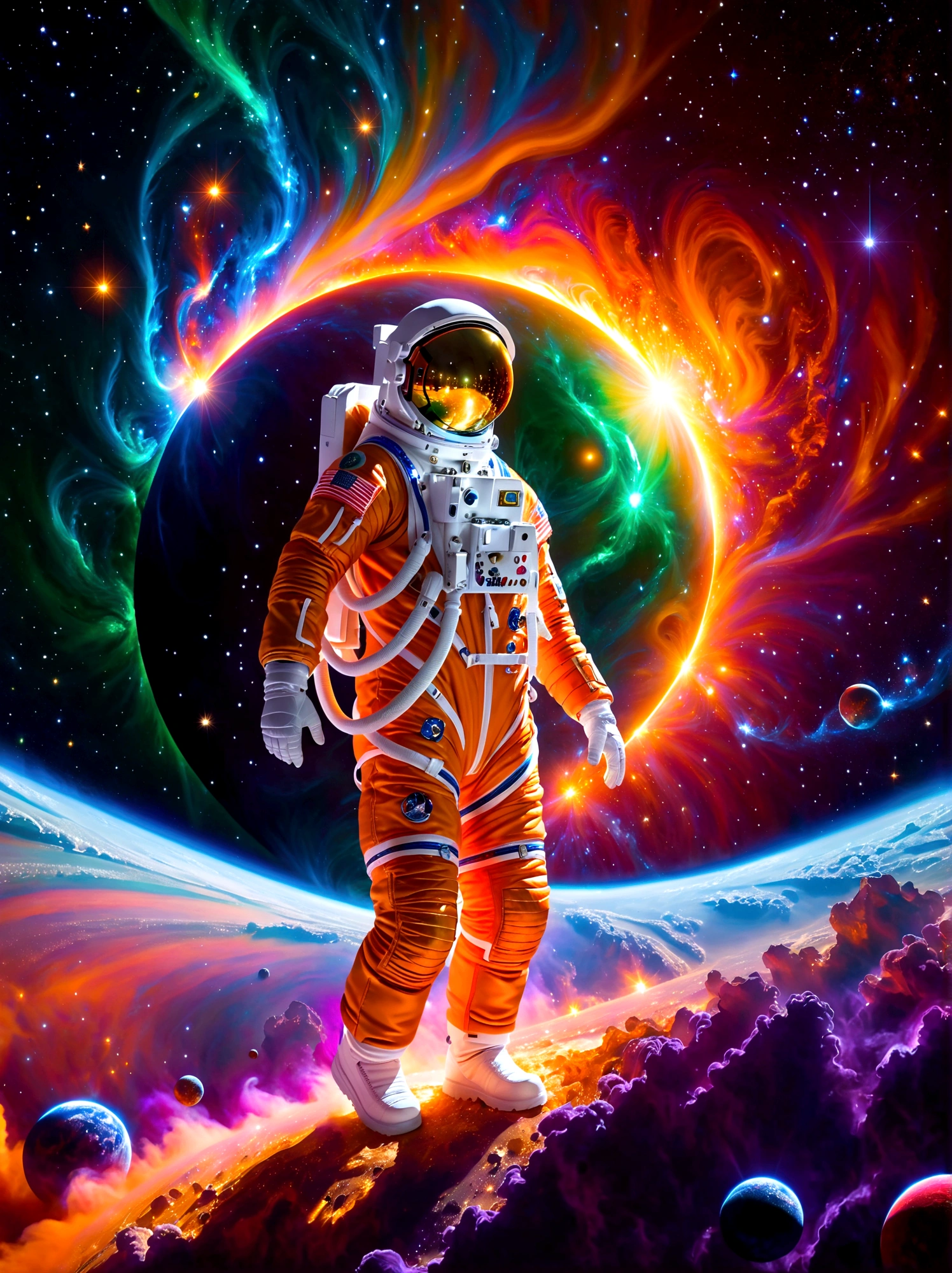 An astronaut of Caucasian descent, dressed in an orange-studded, high-tech spacesuit, is depicted wandering in a vibrantly hued space environment. A profusion of colors from red to blue, and green to violet, embody the cosmic spectacle around the space traveler. An ethereal mix of hues is noticed as a gigantic supernova bursts, unleashing colossal energy in the background. This sublime celestial event with incandescent filaments and pulsating radiances illuminates the wonders of the infinite universe, casting a spectacular light across the panorama. This mesmerizing view celebrates the awe-inspiring beauty and mystery of space.