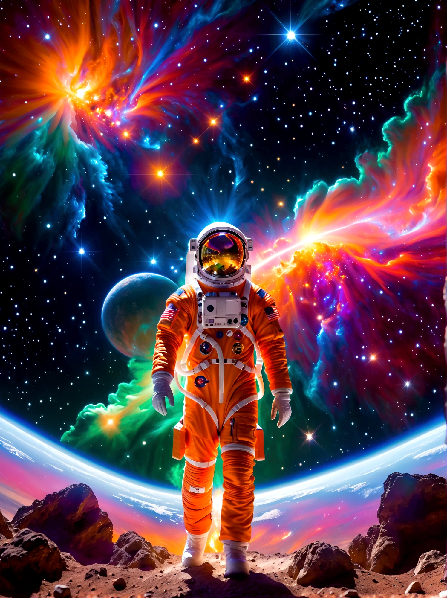 An astronaut of Caucasian descent, dressed in an orange-studded, high-tech spacesuit, is depicted wandering in a vibrantly hued space environment. A profusion of colors from red to blue, and green to violet, embody the cosmic spectacle around the space traveler. An ethereal mix of hues is noticed as a gigantic supernova bursts, unleashing colossal energy in the background. This sublime celestial event with incandescent filaments and pulsating radiances illuminates the wonders of the infinite universe, casting a spectacular light across the panorama. This mesmerizing view celebrates the awe-inspiring beauty and mystery of space.