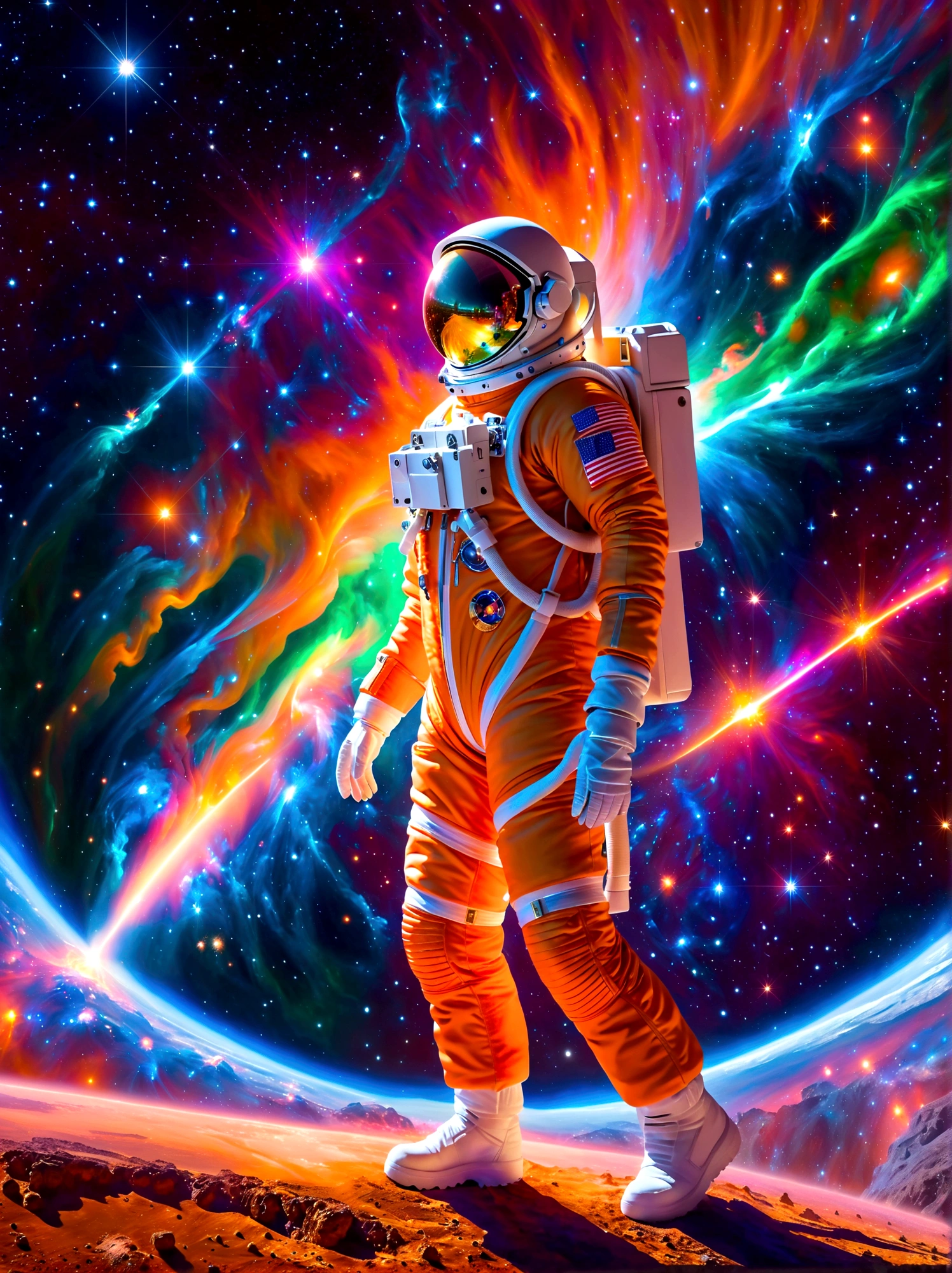 An astronaut of Caucasian descent, dressed in an orange-studded, high-tech spacesuit, is depicted wandering in a vibrantly hued space environment. A profusion of colors from red to blue, and green to violet, embody the cosmic spectacle around the space traveler. An ethereal mix of hues is noticed as a gigantic supernova bursts, unleashing colossal energy in the background. This sublime celestial event with incandescent filaments and pulsating radiances illuminates the wonders of the infinite universe, casting a spectacular light across the panorama. This mesmerizing view celebrates the awe-inspiring beauty and mystery of space.