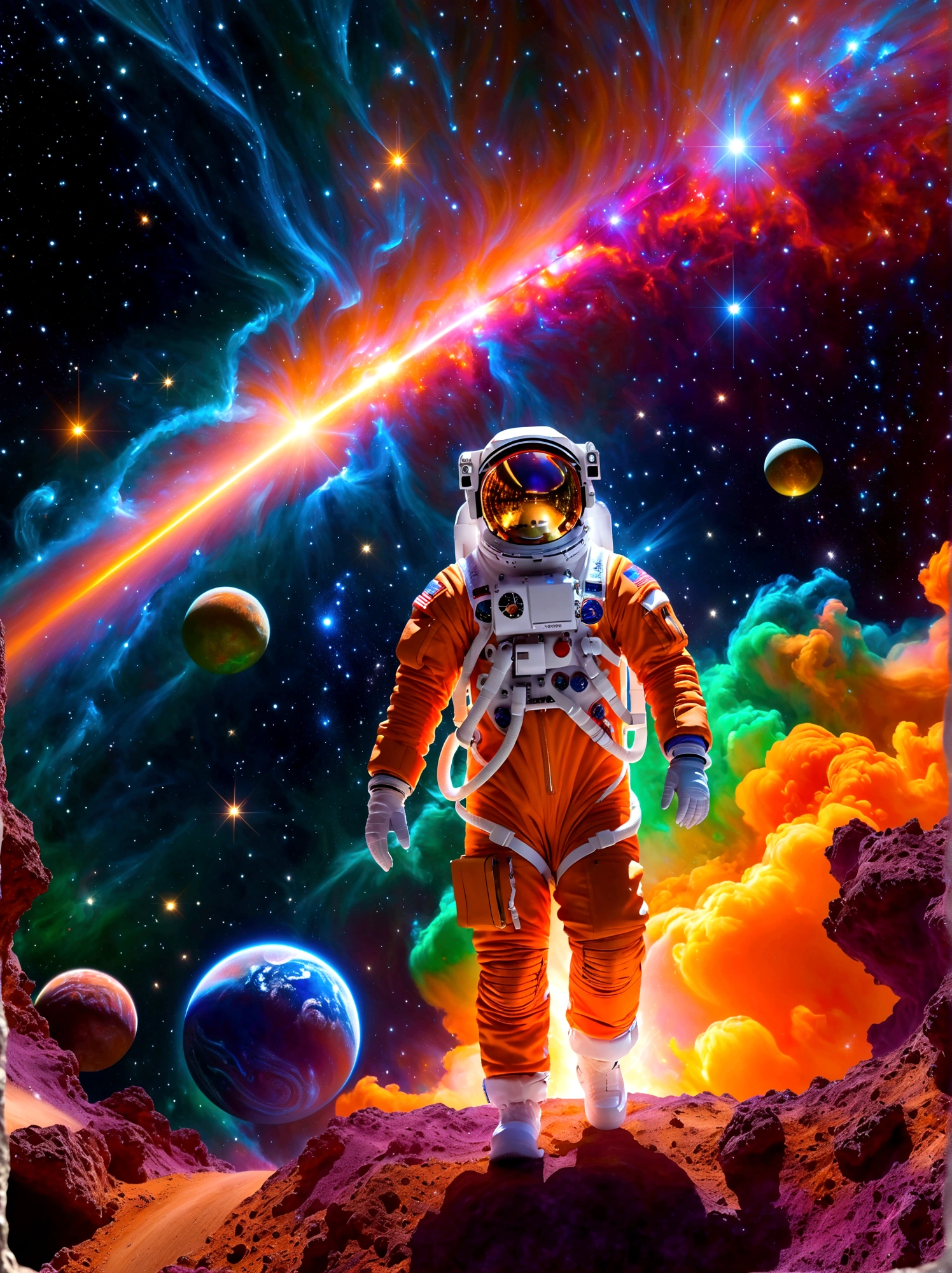 An astronaut of Caucasian descent, dressed in an orange-studded, high-tech spacesuit, is depicted wandering in a vibrantly hued space environment. A profusion of colors from red to blue, and green to violet, embody the cosmic spectacle around the space traveler. An ethereal mix of hues is noticed as a gigantic supernova bursts, unleashing colossal energy in the background. This sublime celestial event with incandescent filaments and pulsating radiances illuminates the wonders of the infinite universe, casting a spectacular light across the panorama. This mesmerizing view celebrates the awe-inspiring beauty and mystery of space.