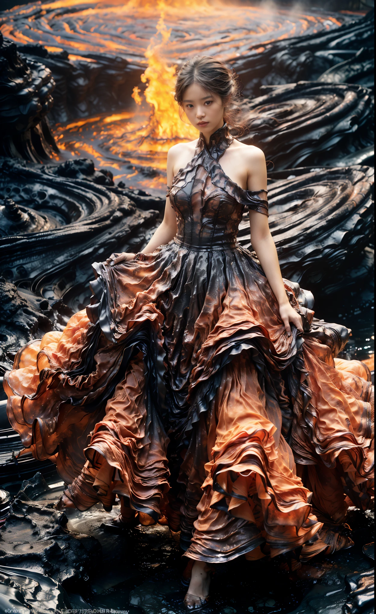 (8K, RAW photo, Best quality,Masterpiece:1.2),(Realistic, photo-realistic:1.37), 1girll,Long legs, full bodyesbian,(molten lava:1.3),Ocean,Dress made of roses，a volcano eruptagma flow，Infrared photography, 1.4x realism，UHD，textured skitomy correct，Accurate and perfect Korean female face，Golden ratio)