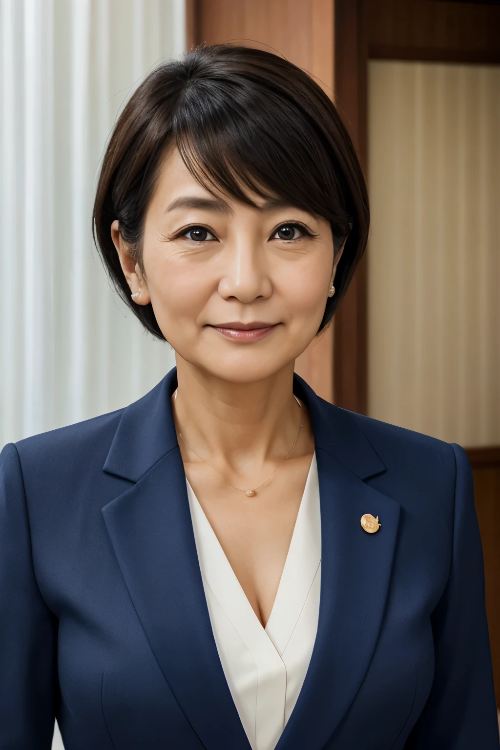 politician、50 year old grandma、Front of face、Navy blue formal attire、Light from the front、Very Short Hair、Japanese、Facial wrinkles、ID photo、indoor
