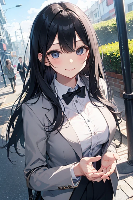 （Cute older sister:1.3）、smile,Spring atmosphere、In a suit、wave hands、noon、Long black hair、Big Breasts