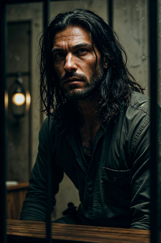 A man with long black hair and green eyes, trapped on an interrogation table, being questioned, cinematic sci-fi scene, 35mm film, high-quality, photorealistic, dramatic lighting, moody atmosphere, intense expression, cinematic camera angles, gritty details, realistic textures, muted color palette