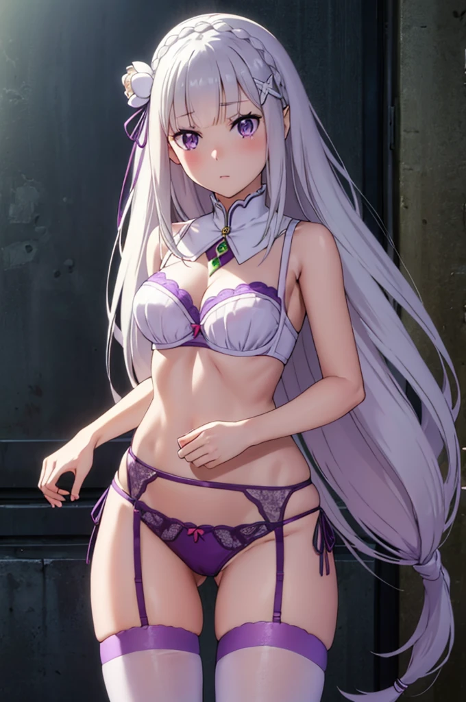 (masterpiece:1.3), (best quality:1.1), (8k, ultra detailed, ultra high res:1.1), (anime style:1.2), (perfect 5 fingers, perfect anatomy1.2), nsfw, 
1girl,
long hair, low-tied long hair, braid, crown braid, 
white hair, 
(purple eyes:1.2), (beatiful detailed eyes:1.2), 
(pointy ears:0.7), 
flower, hair flower, hair ornament, hair ribbon, white flower, x hair ornament, 
BREAK medium breasts,  
pink lingerie, lace-trimmed bra, (garter belt:1.3), thighhighs, cleavage, side-tie panties, (special occasion thong panties:1.3) , from below, booty pose, 
looking at viewer, 
cowboy shot, 
perfect light, 