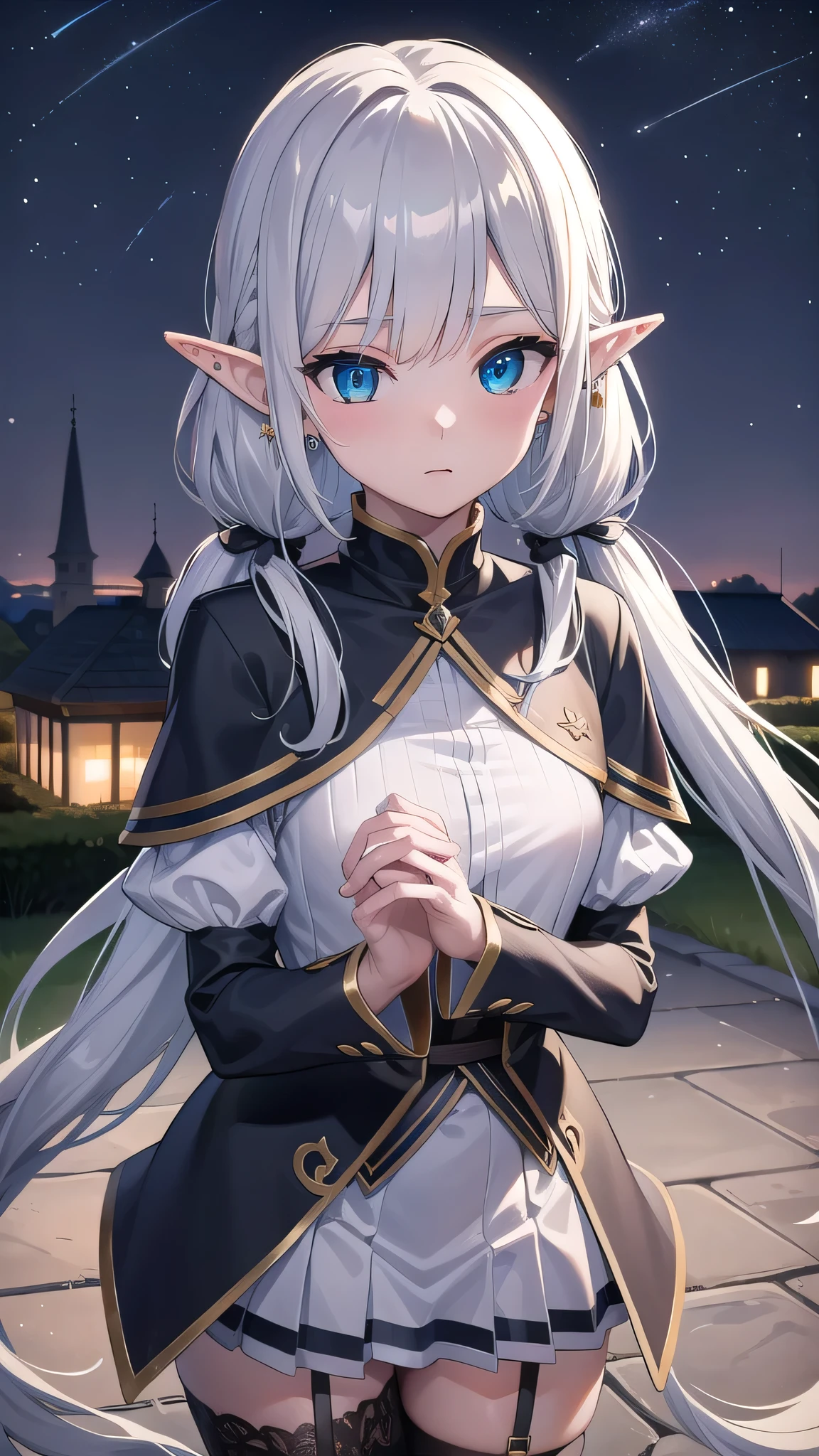 BREAK looking at viewer, BREAK (masterpiece:1.2), best quality, high resolution, unity 8k wallpaper, (illustration:0.8), (beautiful detailed eyes:1.6), extremely detailed face, perfect lighting, extremely detailed CG, (perfect hands, perfect anatomy),city,in street,wet road,night,reflections on road,grey hair, side ponytail, (purple eyes:1.1),frieren, long hair, twintails, (green eyes:1.5), grey hair, pointy ears, elf,shirt, long sleeves, jewelry, pantyhose, earrings, striped, black pantyhose, capelet, striped shirt,small breast,smile,cleavege,neckline,upskirt,from behind,showing ass.