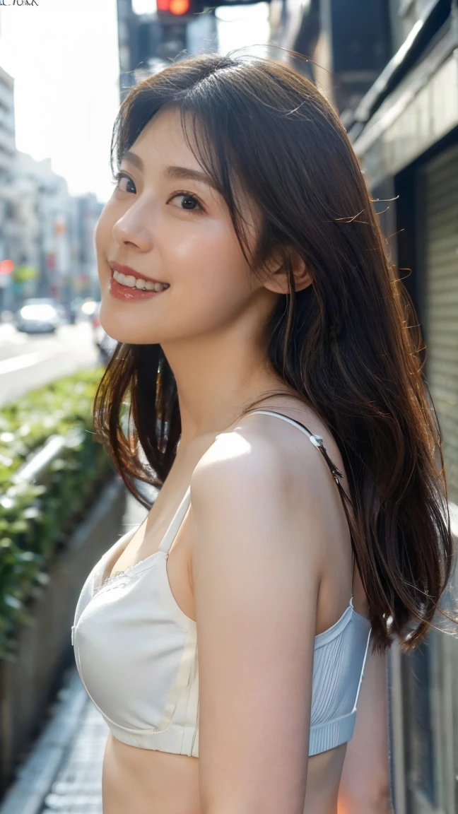 a woman,1 girl,black hair, hair bobbles, longeyelashes, solid circle eyes, light smile, mole under eye, piercing, light smile, shy, puckered lips, Surrealism, drop shadow, stereogram, ass pov, atmospheric perspective, depth of field, first-person view, f/1.8, 8K, super detail, ccurate, best quality, highres, best quality,full body,professional lighting,Cleavage