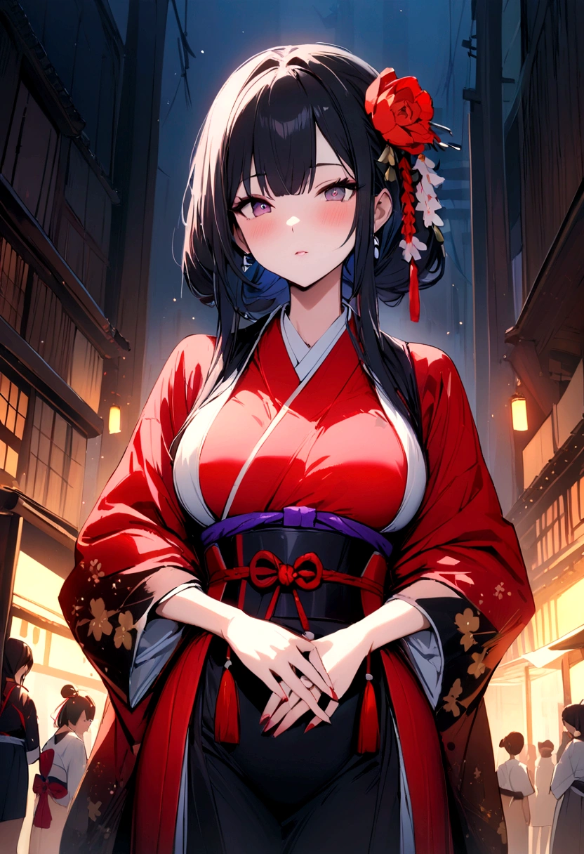 {{{{masterpiece}}}}, {{{super detailed}}}, {{{HD}}}, {{good anatomy}}, (((best quality))), ((Very delicate and beautiful)), {{Very detailed and refined}}, {8k CG壁纸}, {{Light}}, (floral pattern:1.1),There are many kinds of patterns that appear on clothes,(Color difference:1.2),(young god's face), (Cute 16 year old girl:1), having fun,obsessed,alone, Oiran, (japanese clothes,:1.2),black gloves,lace pantyhose,chest wrap, medium bust,night,电影Light,shine,Seductive pose,street background