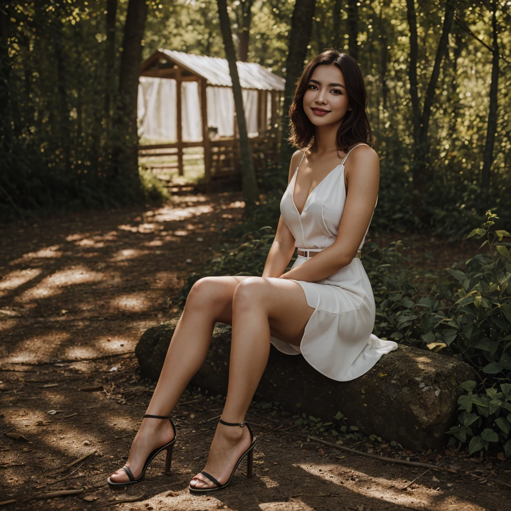 1girl, outdoors, at countryside, hair intakes, mole under eye, glowing eyes, parted lips, seductive smile, Hyperrealism, god rays, full-body shot, heels, Hasselblad, 135mm, bokeh, highres, best quality, super detail, masterpiece