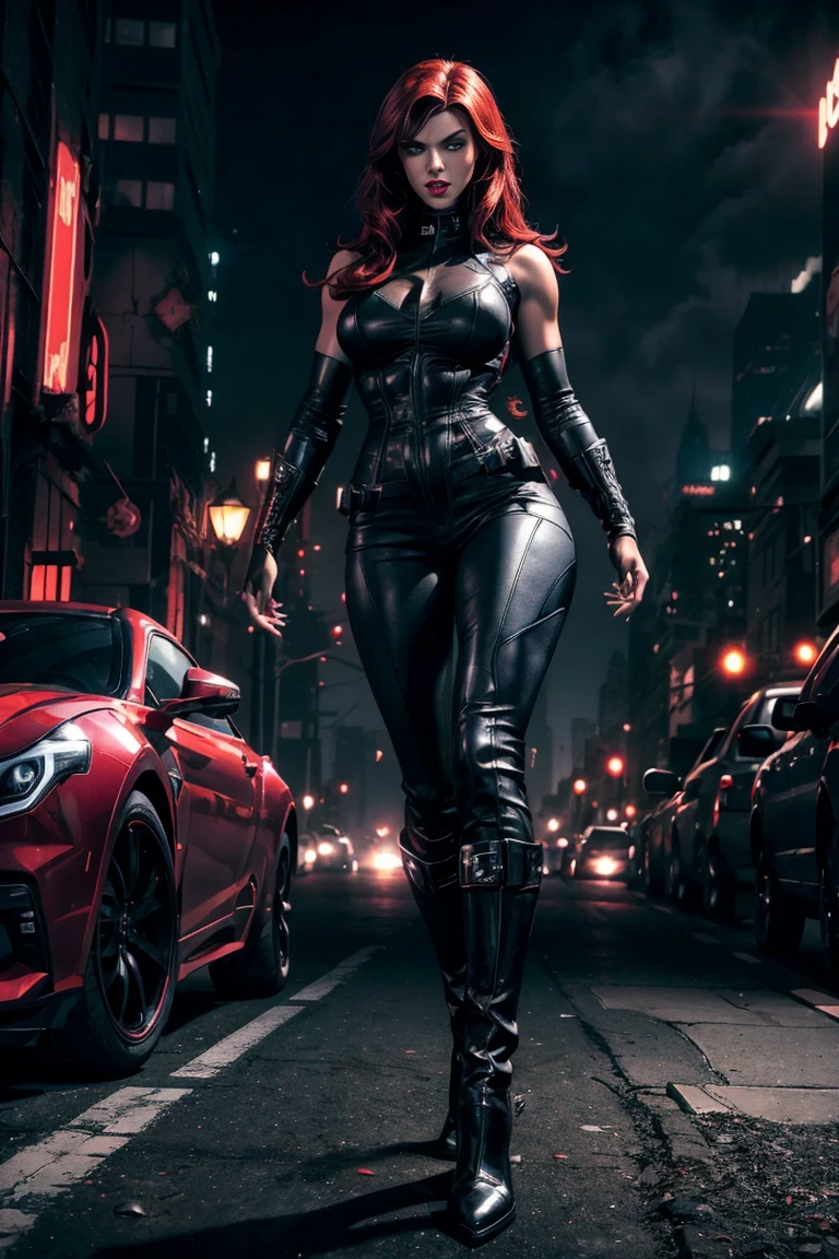 full body superheroine 14 years old  Batgirl red long wavy hair green eyes red mouth tall muscular body big round breasts broad shoulders black metallic shiny tight leather pants, black metallic shiny short plunging sleeveless tops blue boots dress hero pose even a terrifying night in a pose Gotham dark city street, a semi-dark plume of light octane render photorealistic 