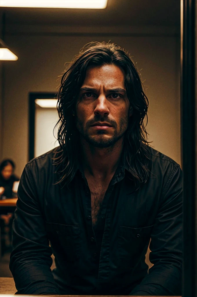 The man with long black hair and piercing green eyes sits at an interrogation table, his expression intense and defiant. The scene is shot in a realistic, cinematic style reminiscent of Ron Fricke’s direction, with high contrast and rich film colors captured on Kodak film. The texture of 70 mm film grain is evident, adding to the gritty, tense atmosphere. The shallow depth of field creates a bokeh effect around the edges, with a vignette focusing attention on the man and the table. The room is dimly lit, casting dramatic shadows that highlight the man’s features and the starkness of the interrogation setting. The highly detailed image, with a sense of high-budget production, captures the emotional intensity and the moody, epic atmosphere of the scene.”