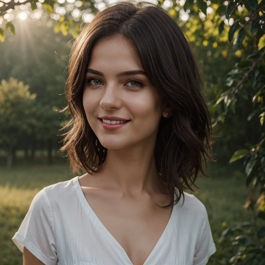 1girl, outdoors, at countryside, hair intakes, mole under eye, glowing eyes, parted lips, seductive smile, Hyperrealism, god rays, full-body shot, heels, Hasselblad, 135mm, bokeh, highres, best quality, super detail, masterpiece