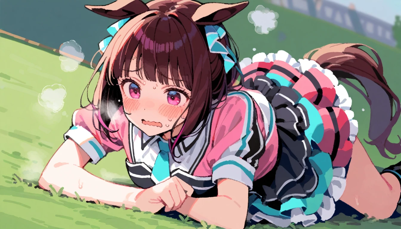One girl, He cultivated four, umamusume, Horse's ears, Horse tail, Panic, Contorting the mouth, tegaki, Idol Live Costume, Messy Hair, Sweat, Heavy breathing, Heavy breathing, Exhausted, On the grass, whole body,
masterpiece, Highest quality, so beautiful, Absurd, Very detailed
