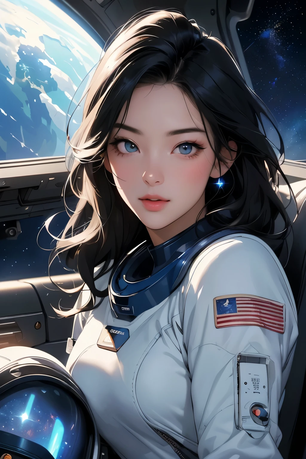 (Highest quality、High resolution、masterpiece)、(sf)、Female Astronauts、Spacesuit、cockpit、Canopy、One-seater patrol rocket、Sexy and cute、Beautiful Face、 (Exquisite beautiful eyes)、Black Hair、  Beautiful Hair、Shiny Hair、Cinema Lighting、Realistic lighting、meteor、milky way、nebula、Backlight、amazing splash、 Sparkling、Dazzling Light、