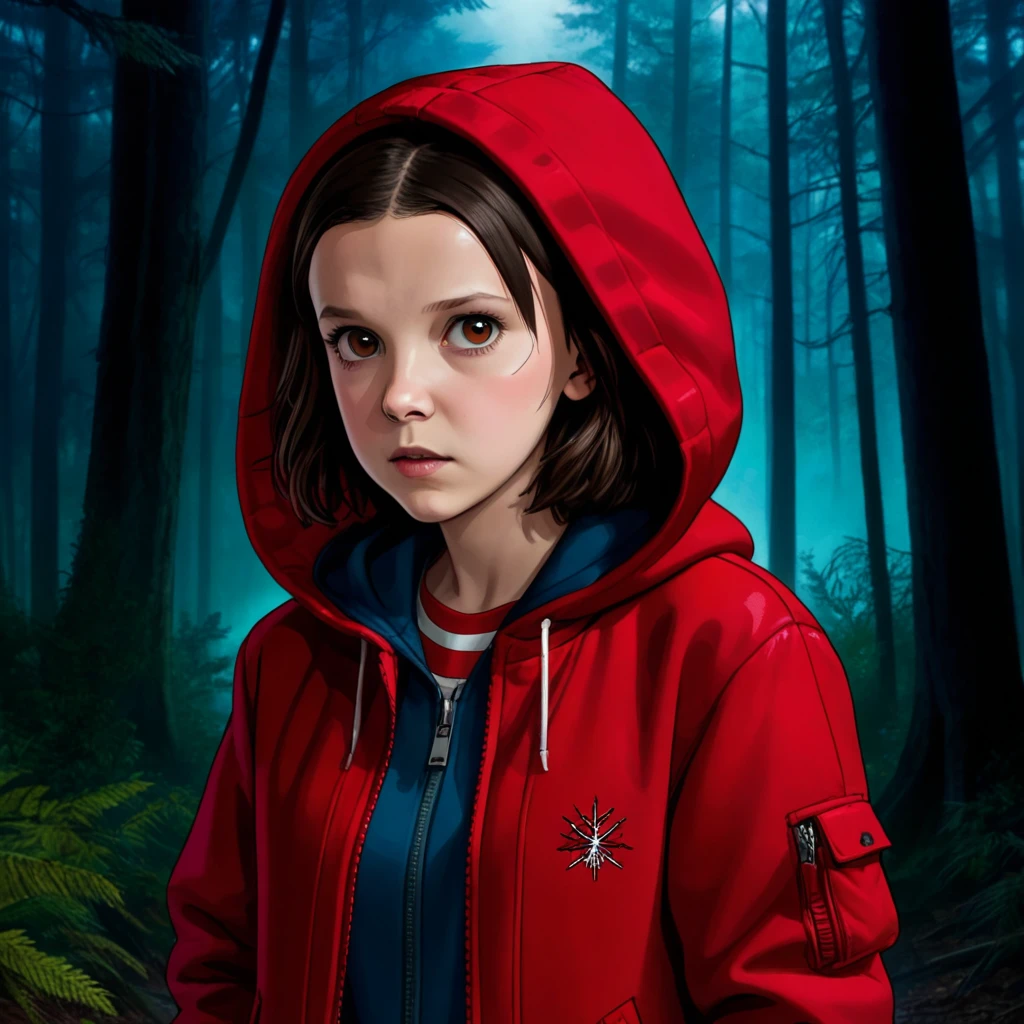 front view, milli3 woman, Millie Bobby Brown, mbb, wearing a red jacket and a hood in a dark forrest, horror style, stranger things, netflix, (( millie bobby brown )) , eleven