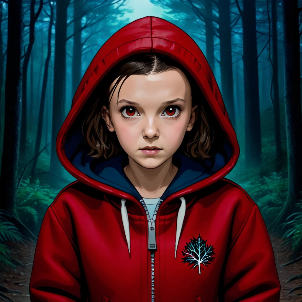 front view, milli3 woman, Millie Bobby Brown, mbb, wearing a red jacket and a hood in a dark forrest, horror style, stranger things, netflix, (( millie bobby brown )) , eleven