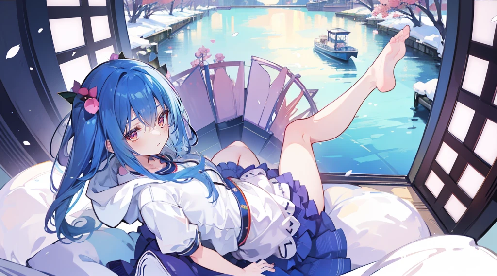 （masterpiece：1.2），Super detailed，lifelike，Expressive eyes，fair skin，perfect face shape，1 girl，
Japanese comics,Gorgeous blue hair,flowing blue hair,flowing clothes,Petals fall,beautiful lola,Baby Angel,
Shaking head with one hand，Cross your legs，Gentle and peaceful background，The pavilion is cool and comfortable,smile, wearing hoodie, background of tokyo,back views,snowing, winter,lie on the water. 